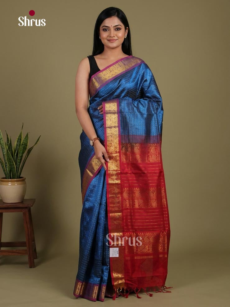 Regal Deep Blue Cotton Silk Saree With Fine Checks, Dots, Dark Red Zari Woven Border & Traditional Pallu