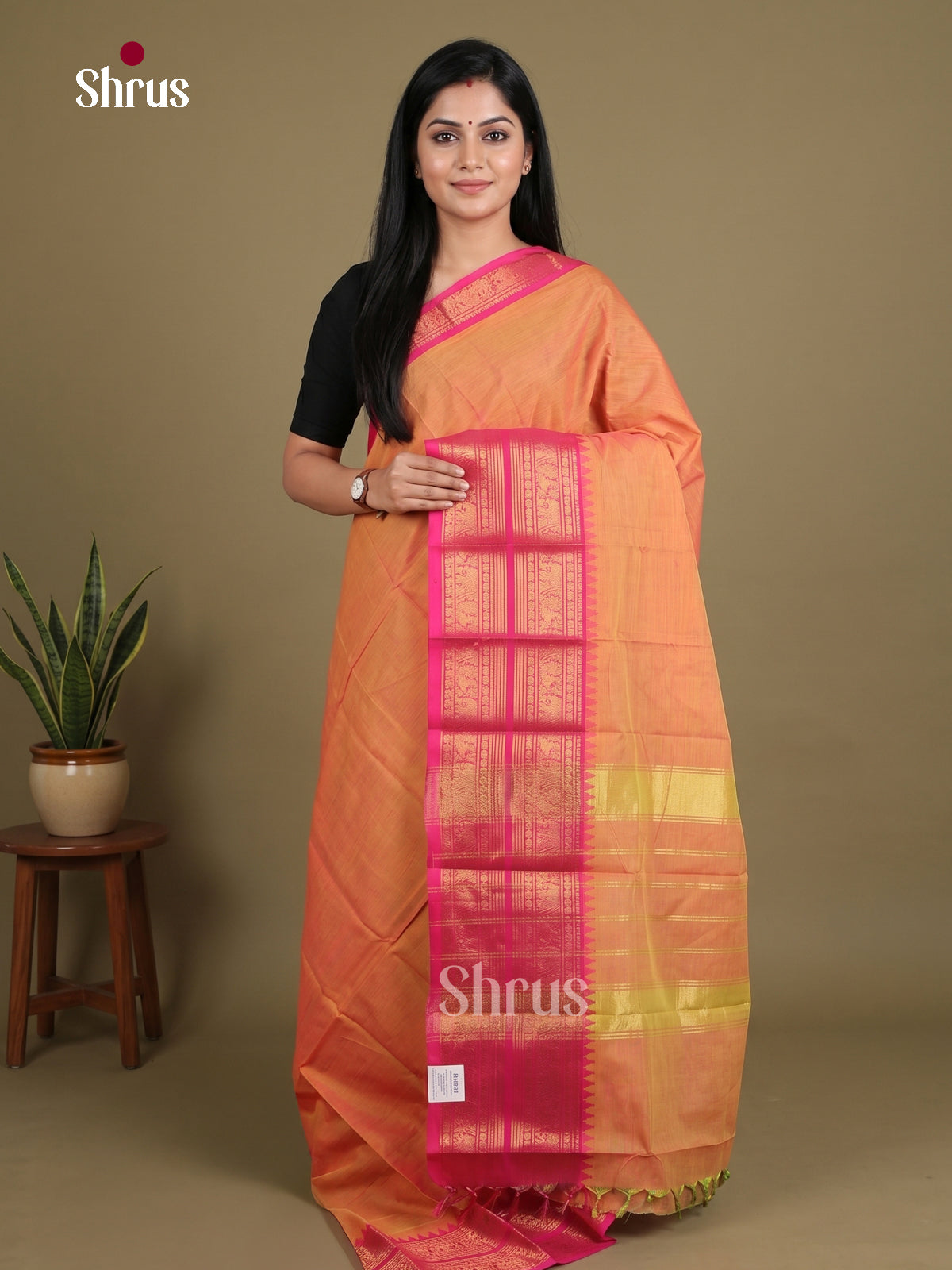 Regal Dual Tone Peach Orange Chettinad Cotton Saree With Plain Body & Pink Temple Zari Border