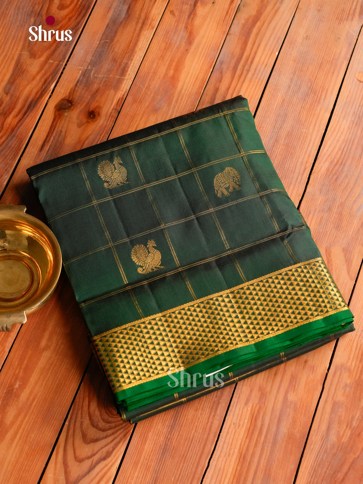 Regal Green 9Yards Kanchipuram Saree With Checks & Buttas | Self Kaddi Zari Border