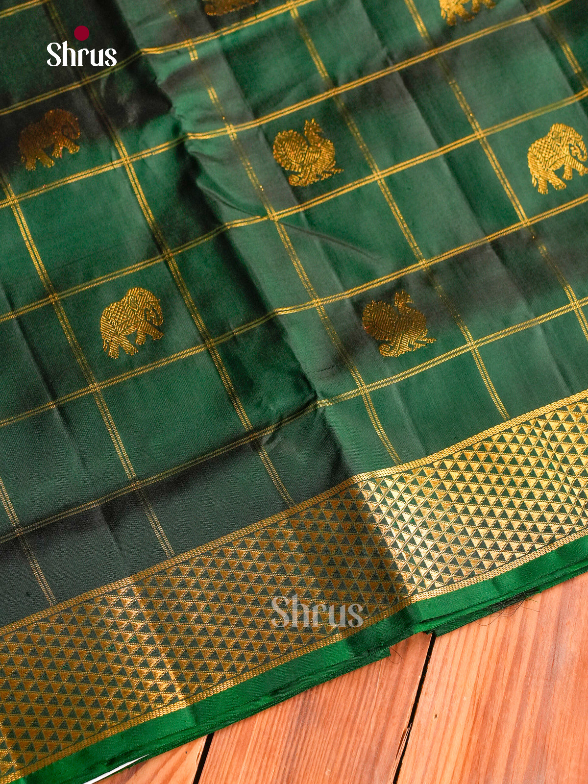 Regal Green 9Yards Kanchipuram Sarees With Checks & Buttas | Self Kaddi Zari Border