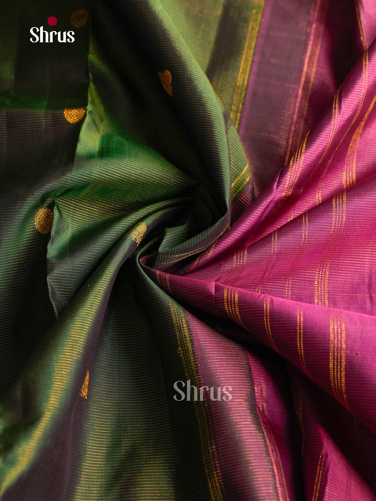 Regal Green 9Yards Silk Sarees With Fine Stripes & Buttas | Magenta Zari Border & Pallu