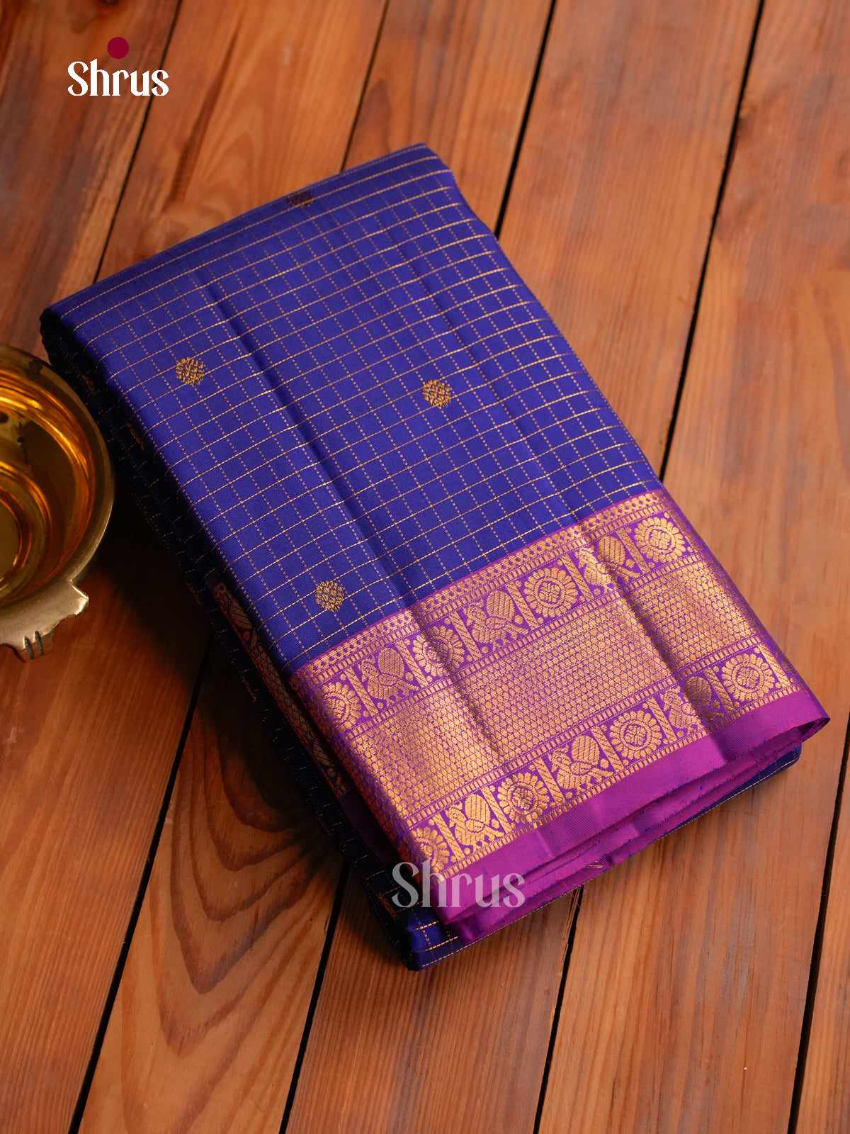 Regal Indigo Kanchipuram Silk Saree With Zari Checks & Buttas | Purple Zari Border & Brocade Pallu