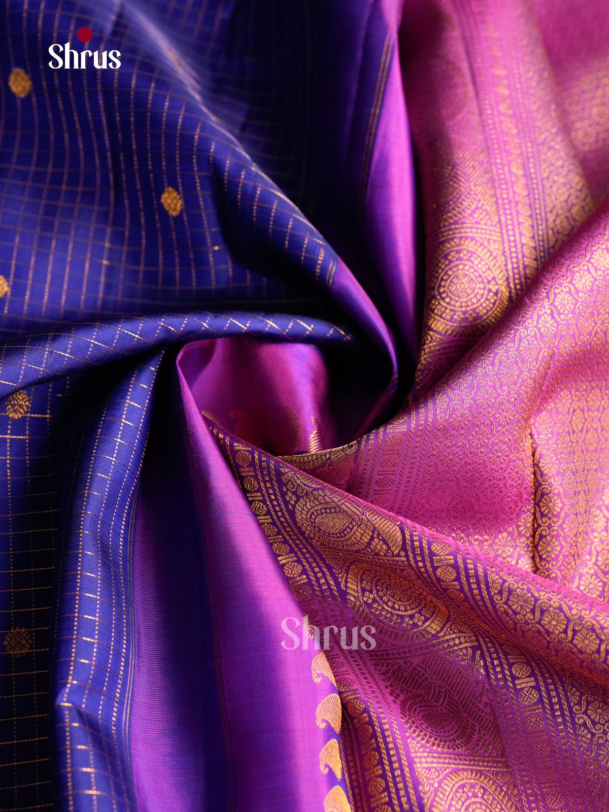 Regal Indigo Silk Saree With Zari Checks & Buttas | Purple Zari Border & Brocade Pallu