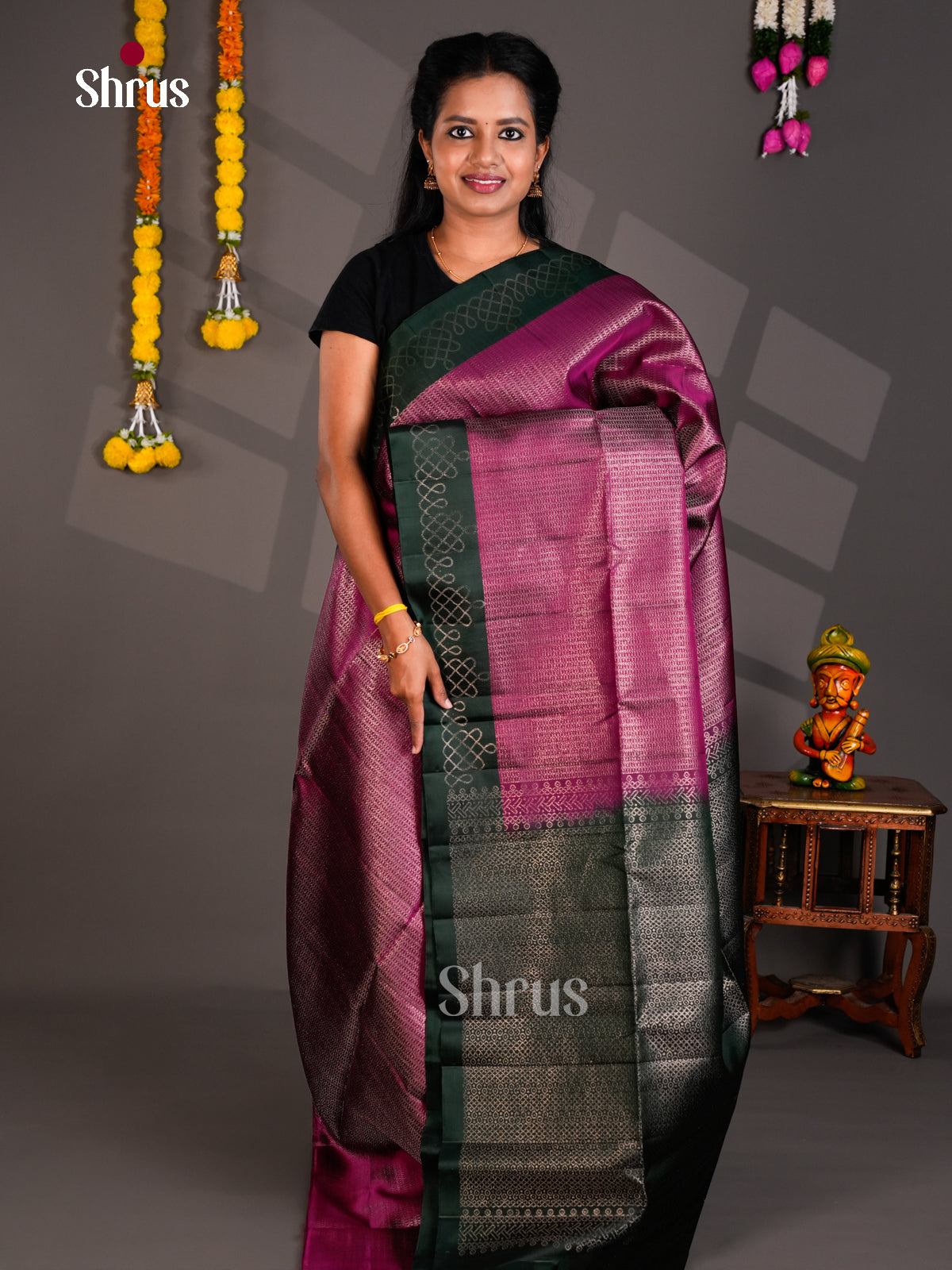 Buy Regal Magenta and Green Pure Soft Silk Saree With Micro Patterns & Brocade Pallu