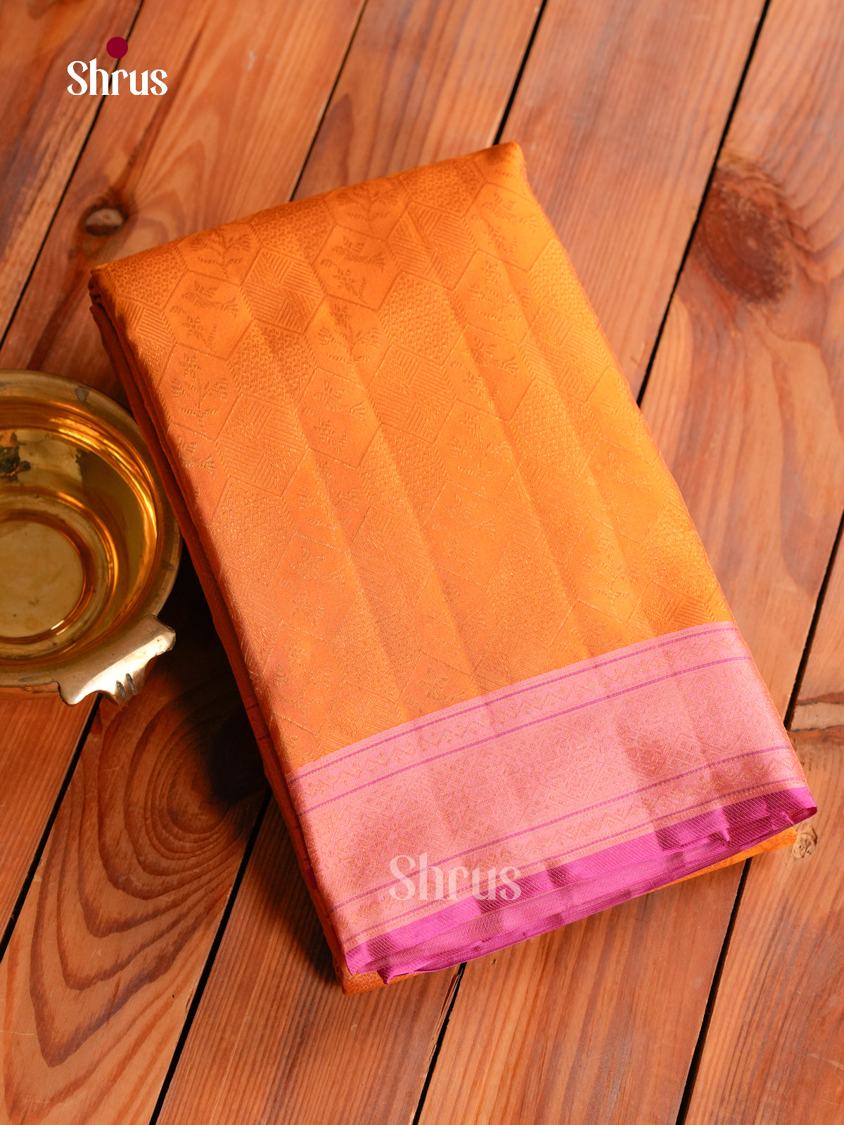 Regal Mango Orange Kanchipuram Saree With Geometric Diamond Brocade & Pink Floral Zari Border