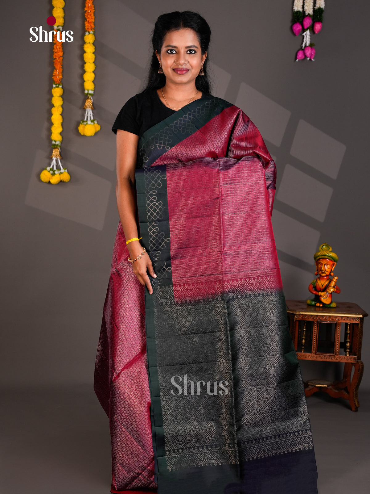 Buy Regal Maroon and Black Pure Soft Silk Saree With Micro Patterns & Kolam Pattern Border
