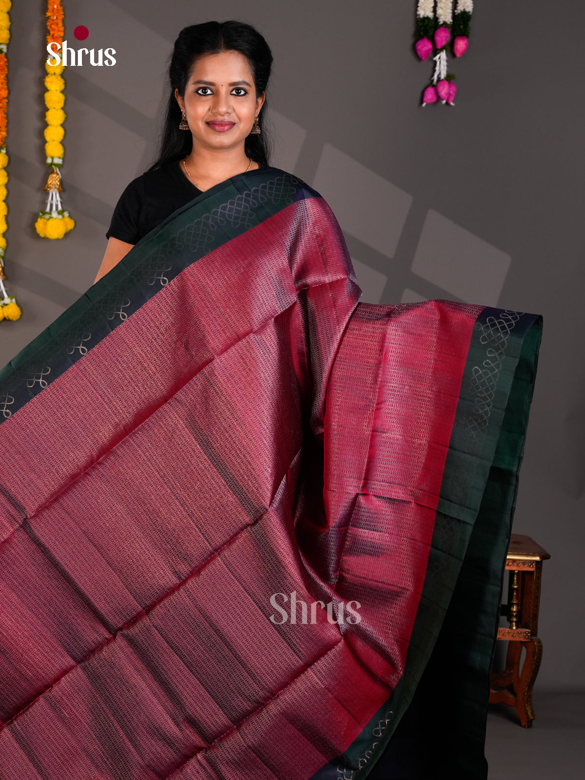 Buy Regal Maroon and Black Soft Silk Saree With Micro Patterns & Kolam Pattern Border