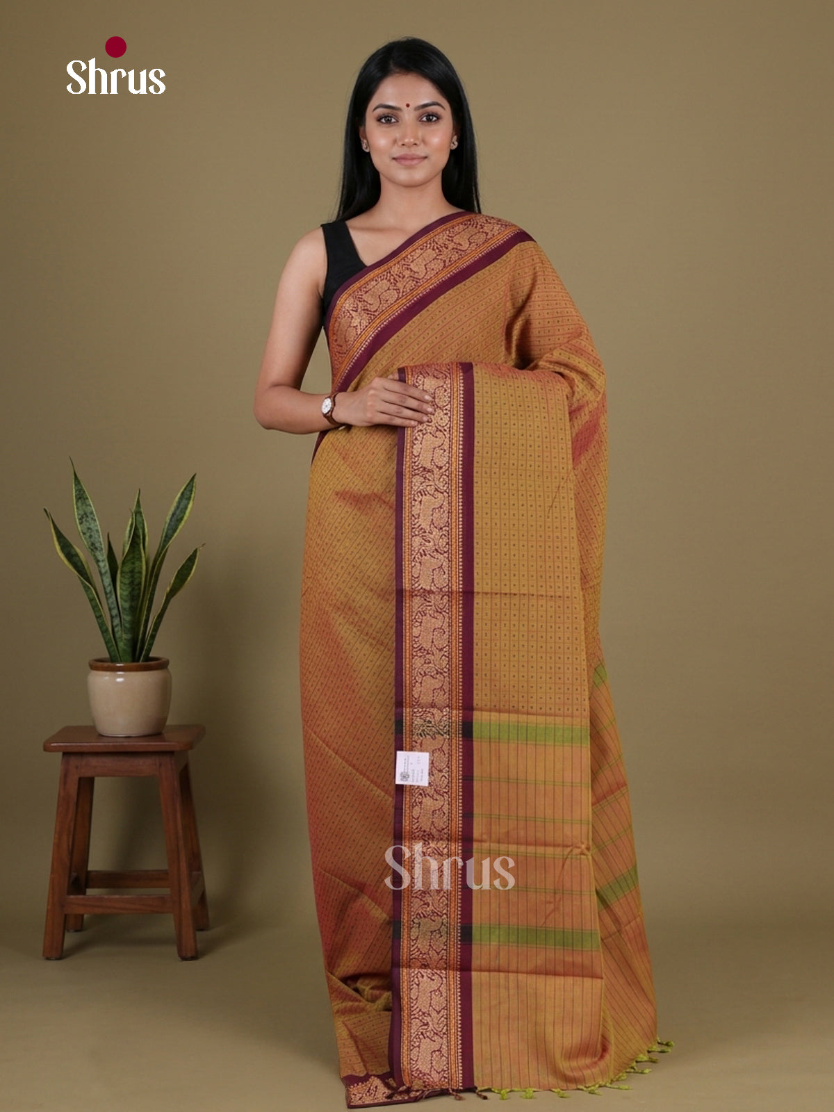 Regal Mustard Chettinad Cotton Saree With Checks, Micro Buttas & Maroon Border