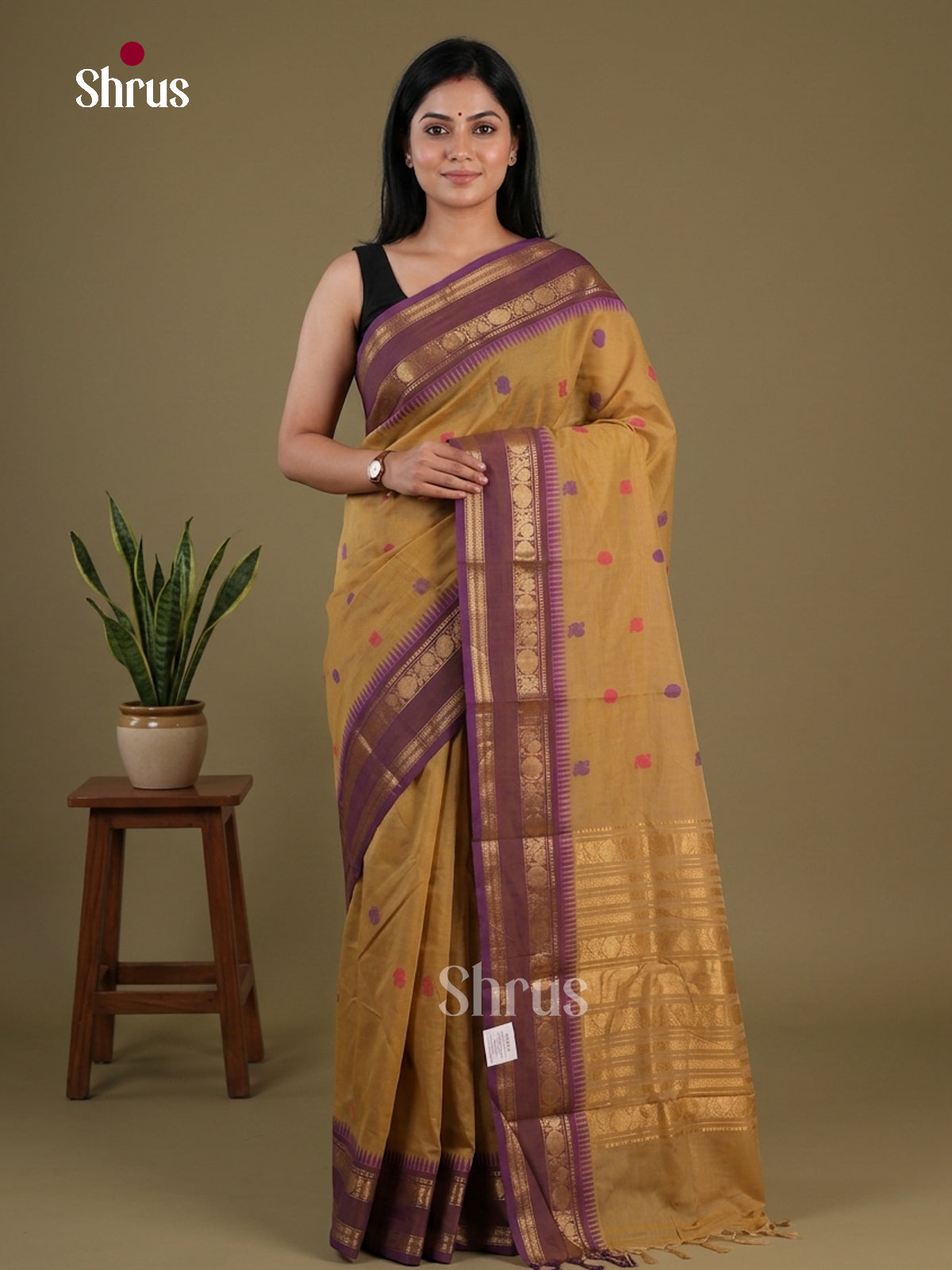 Regal Mustard Chettinad Cotton Saree With Thread Buttas, Purple Rettapet Temple Zari Border