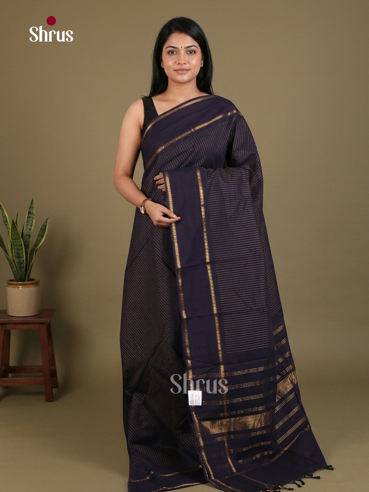 Regal Navy Blue Chettinad Cotton Saree With Stripee, Rettapet Zari Border & Traditional Pallu
