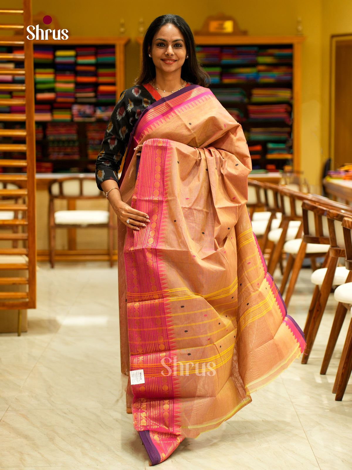 Regal Peach Chettinad Cotton Saree With Thread Buttas & Pink Temple Zari Border