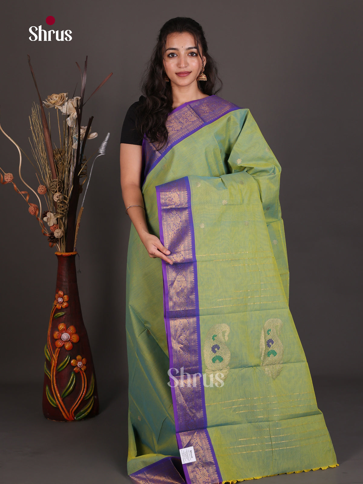 Regal Pista Green Chettinad Cotton Saree With Gold Floral Buttas & Violet Zari Border