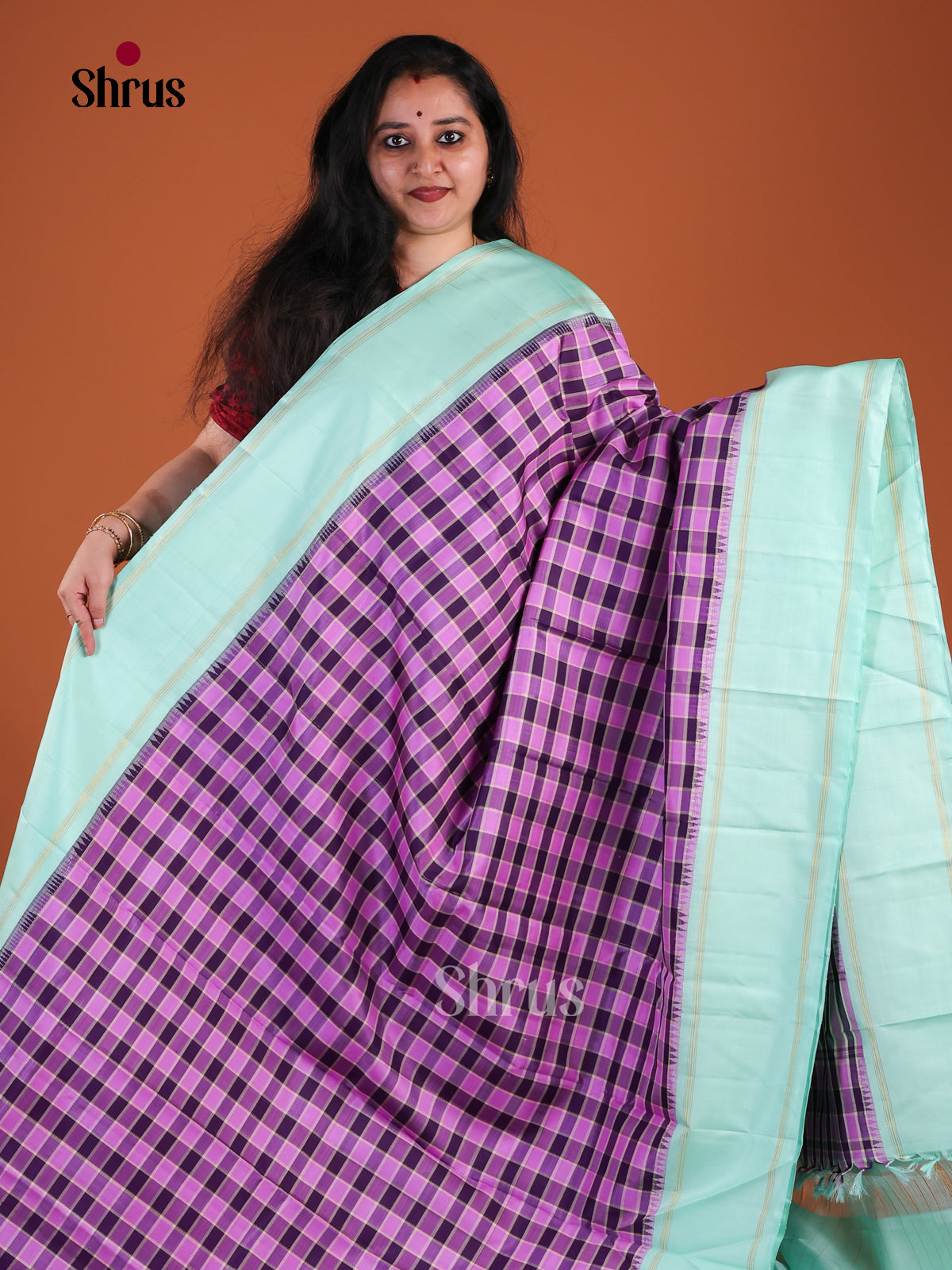 Regal Purple Kanchipuram Pattu Saree With Checkered Patterns | Sea Green Temple Zari Border