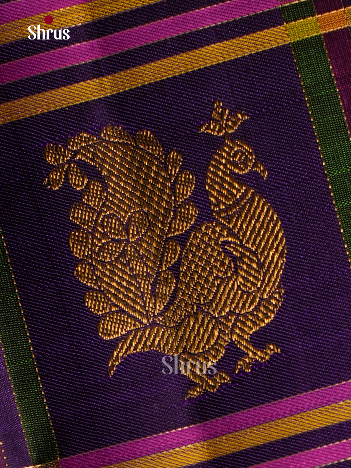 Regal Purple Kanchipuram Saree With Checks & Gold Buttas, Pink Zari Border & Brocade Pallu
