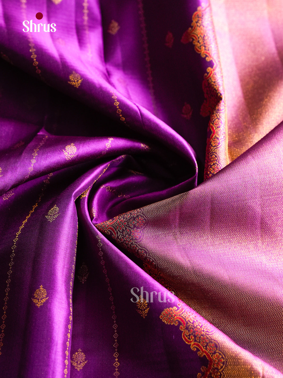 Regal Purple Pattu Saree With Stripes & Floral Buttas | Scalloped Border With Pink Selvedge
