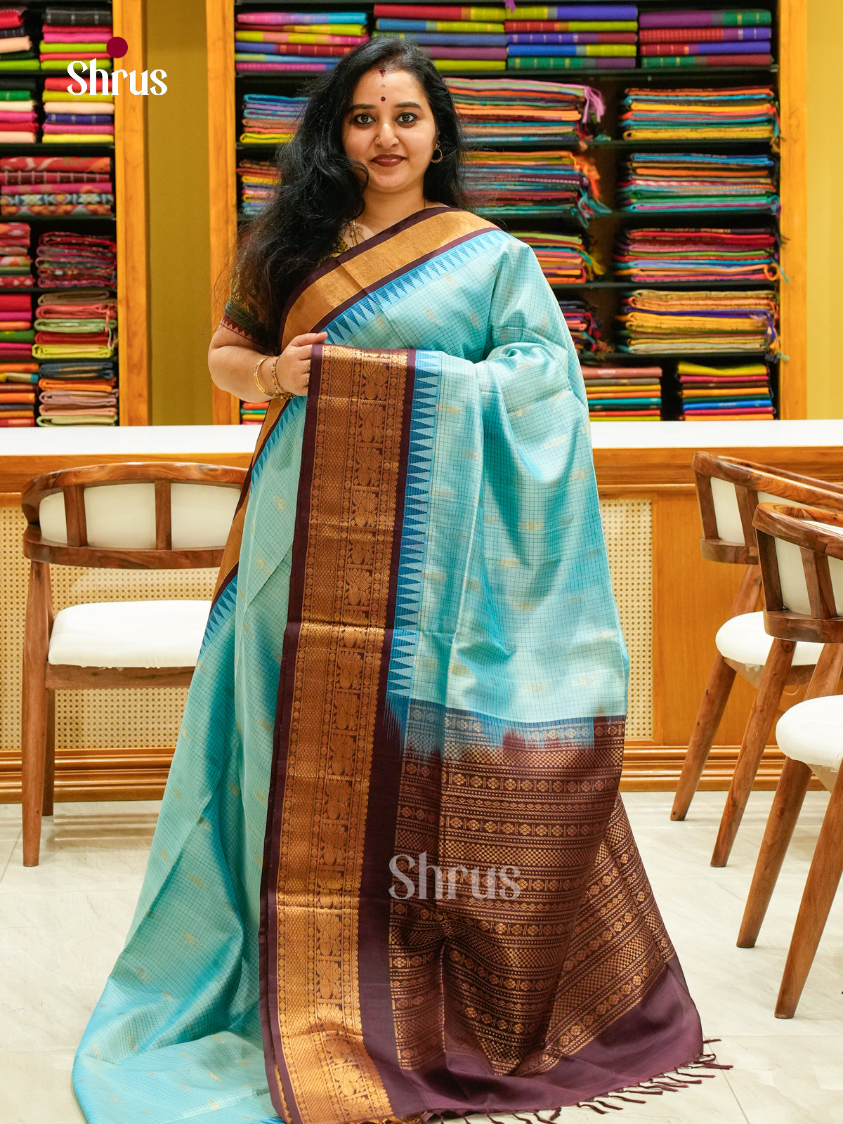 Regal Sea Blue Soft Silk Saree with Checks & Peacock Buttas | Wine Temple Zari Border