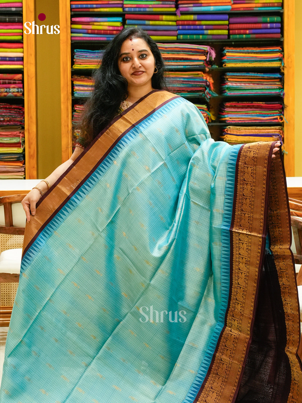 Regal Sea Blue Soft Silk Sarees with Checks & Peacock Buttas | Wine Temple Zari Border