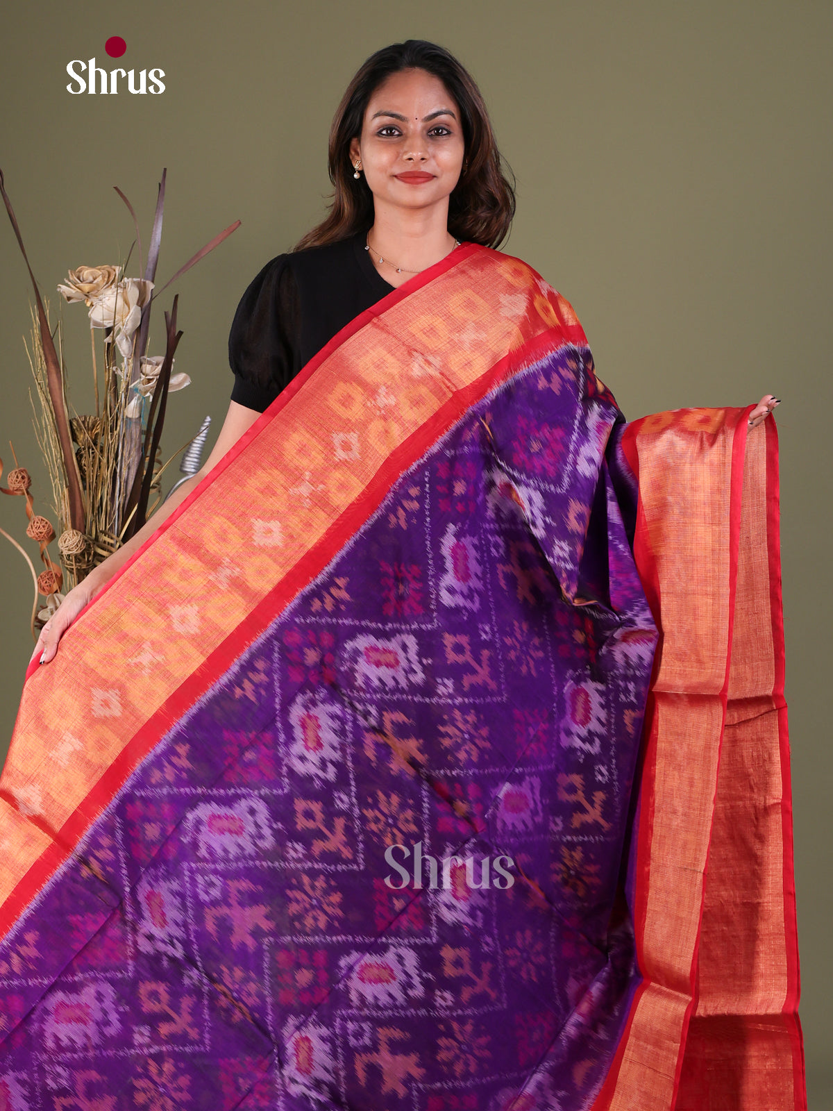 Regal Violet Pochampally Cotton Silk Saree With Ikat Prints & Red Floral Border