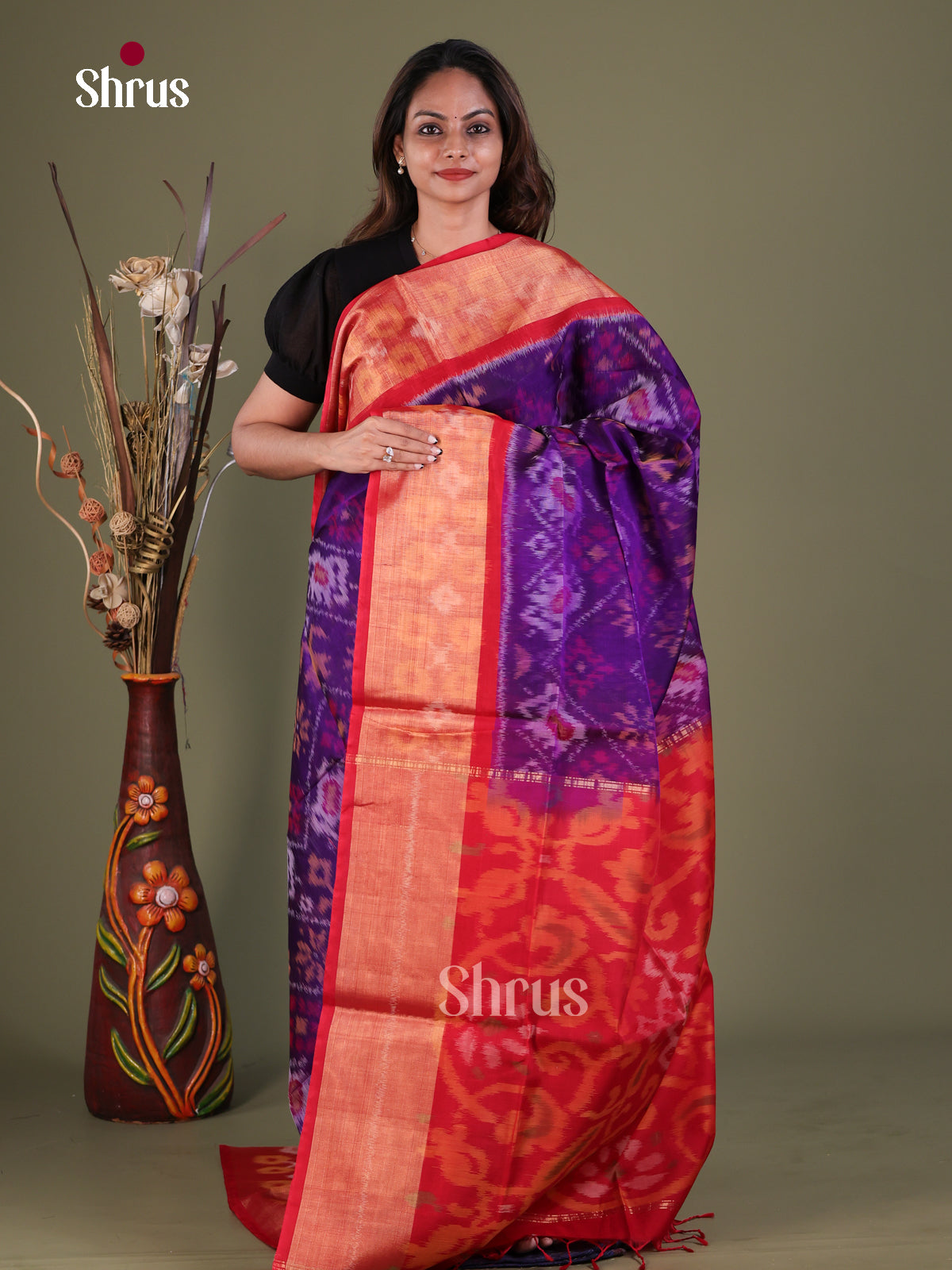 Regal Violet Pochampally Silk Cotton Saree With Ikat Prints & Red Floral Border