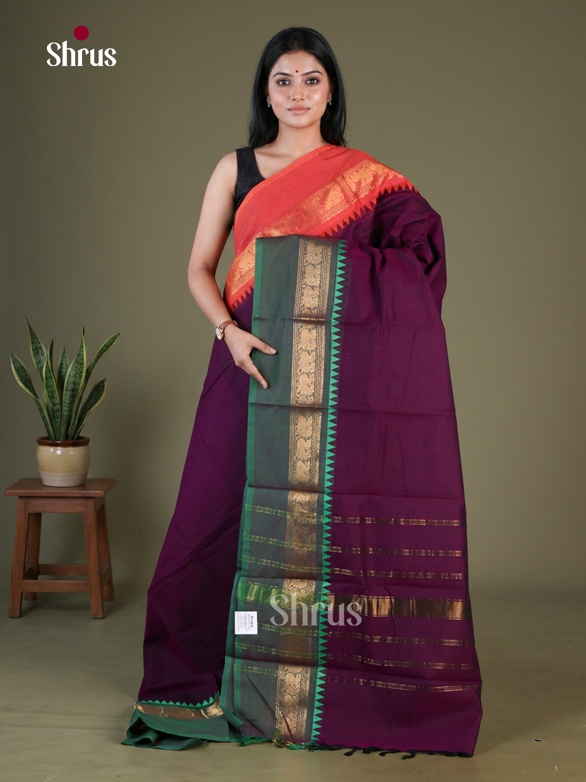 Regal Wine Purple Chettinad Cotton Saree With Plain Body & Ganga Jamuna Temple Zari Border