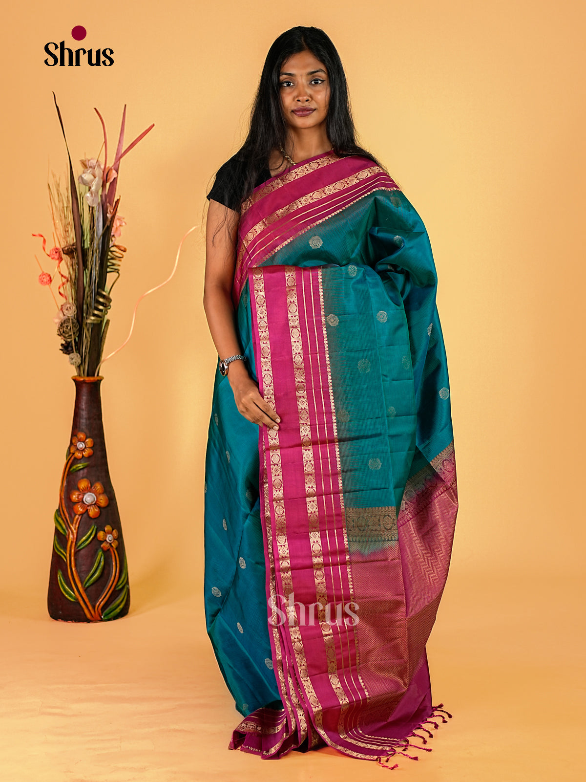 Resplendent Teal Blue Soft Silk Sarees With Floral Zari Buttas, Deep Pink Rettapet Border & Brocade Pallu