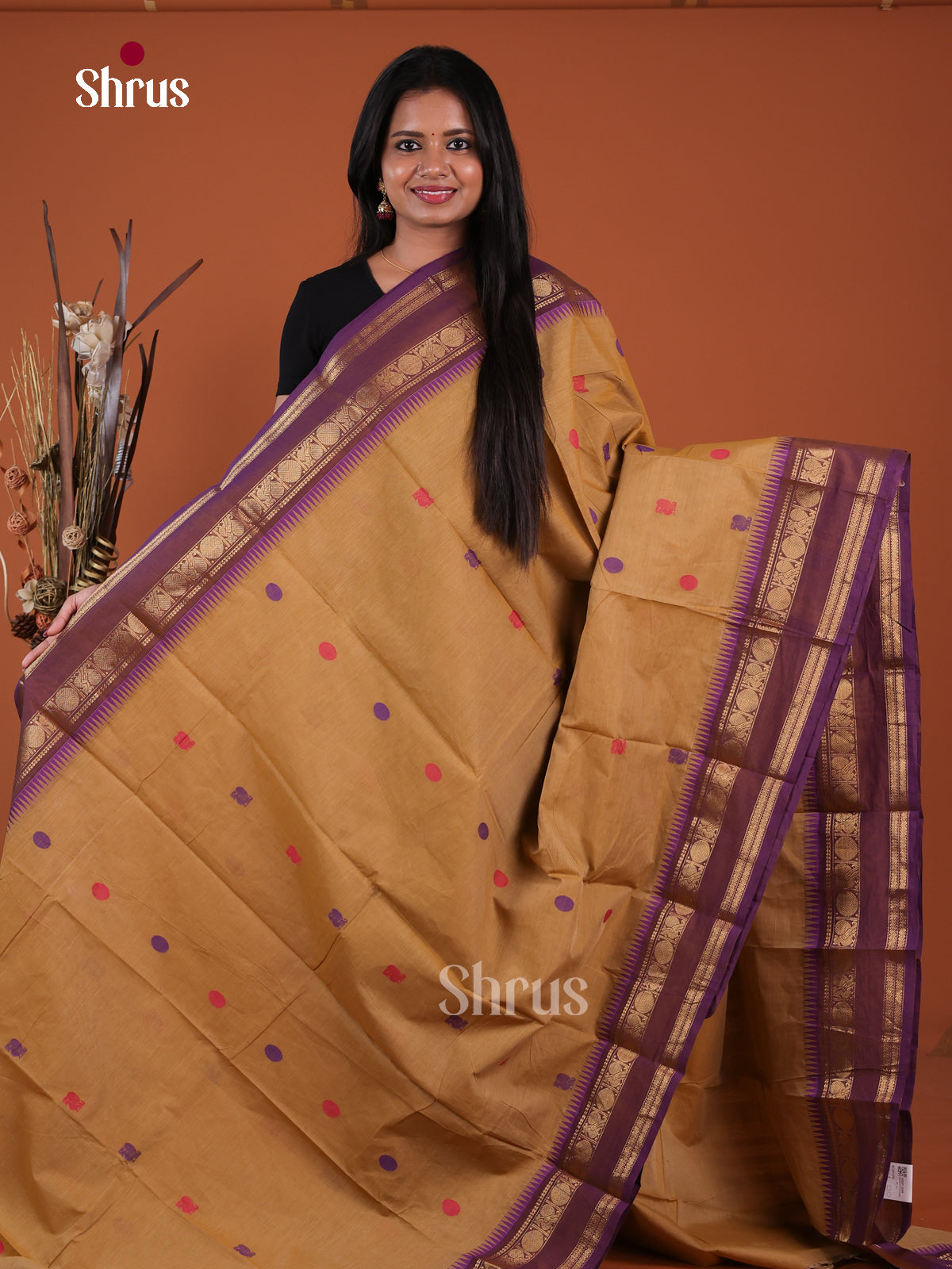 Rich Beige Chettinad Cotton Sarees With Thread Buttas & Purple Rettapet Zari Border