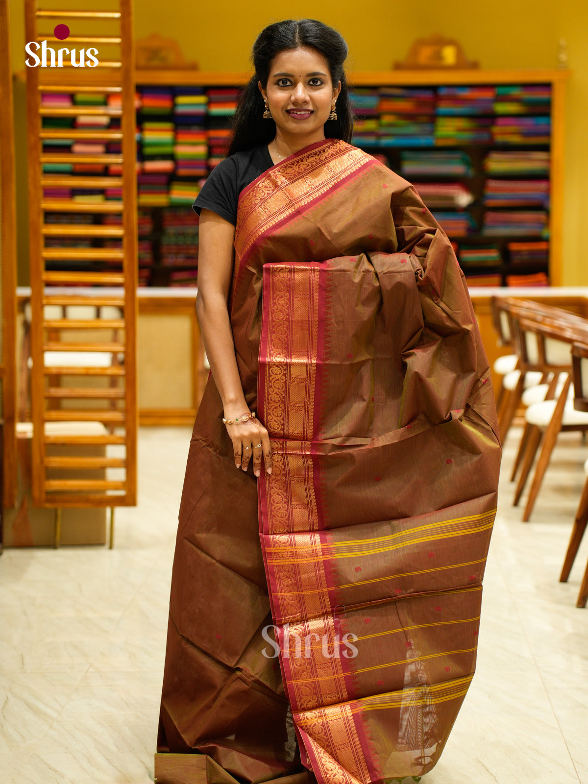 Rich Brown Chettinad Cotton Saree With Thread Buttas & Maroon Temple Zari Border