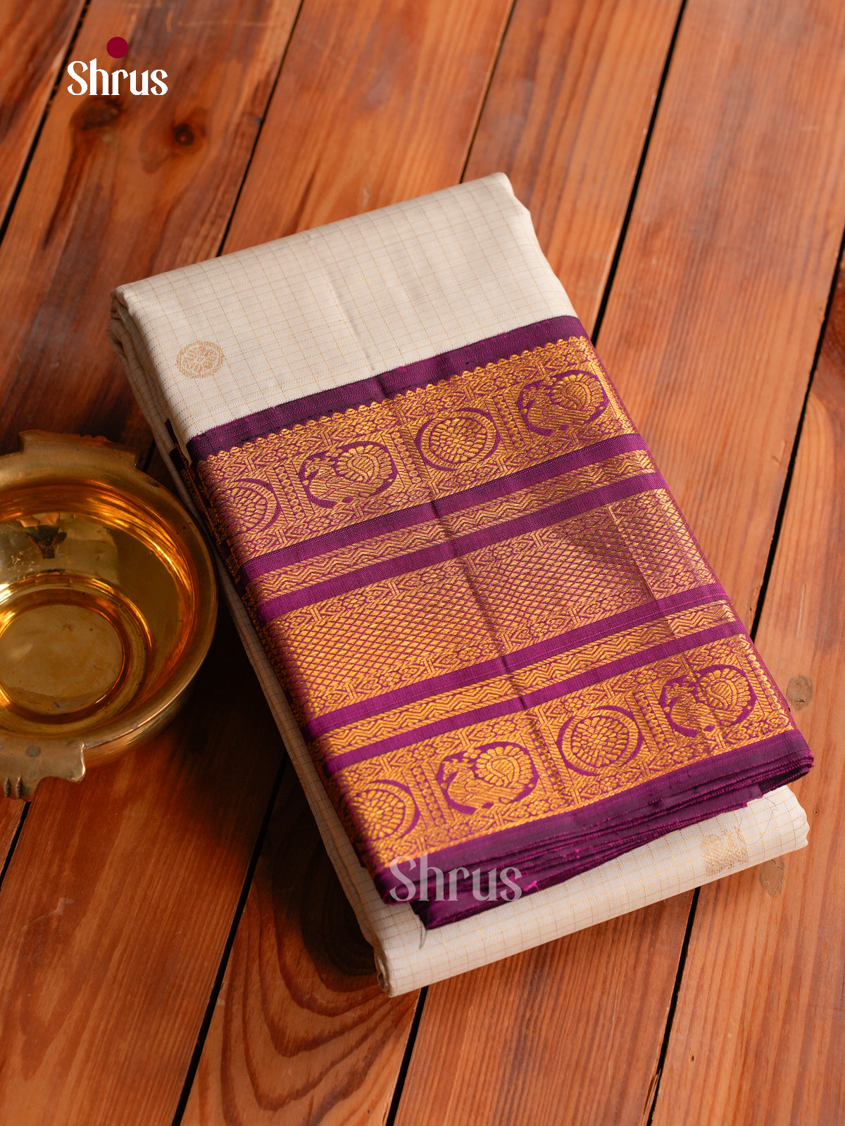 Rich Off White Kanchipuram Saree With Gold Checks & Buttas | Purple Border With Zari Bands