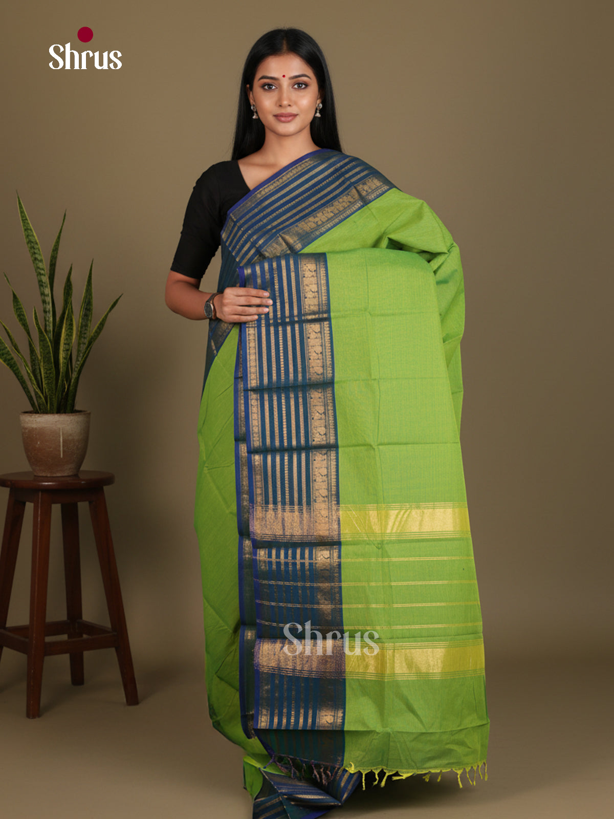 Rich Parrot Green Chettinad Cotton Saree With Plain Body & Blue Zari Striped Border