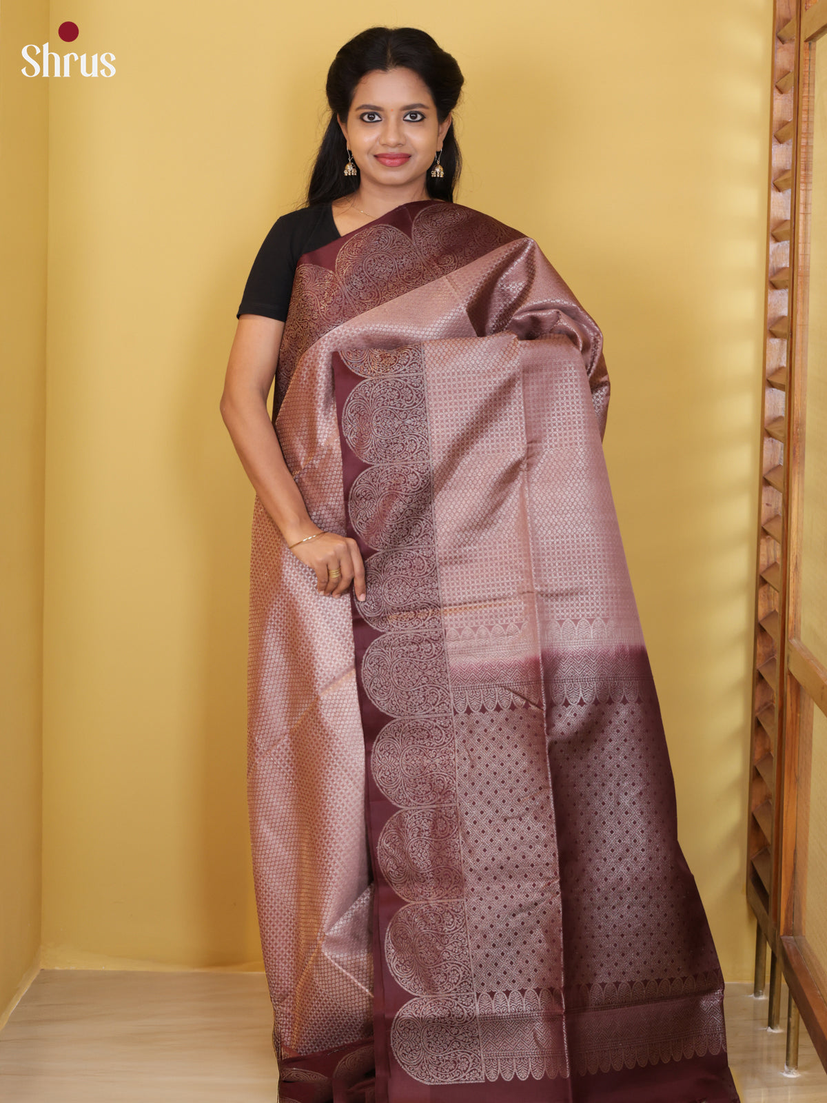Buy Dazzling Rose Gold Soft Silk Saree Diamond Brocade Patterns & Wine Border