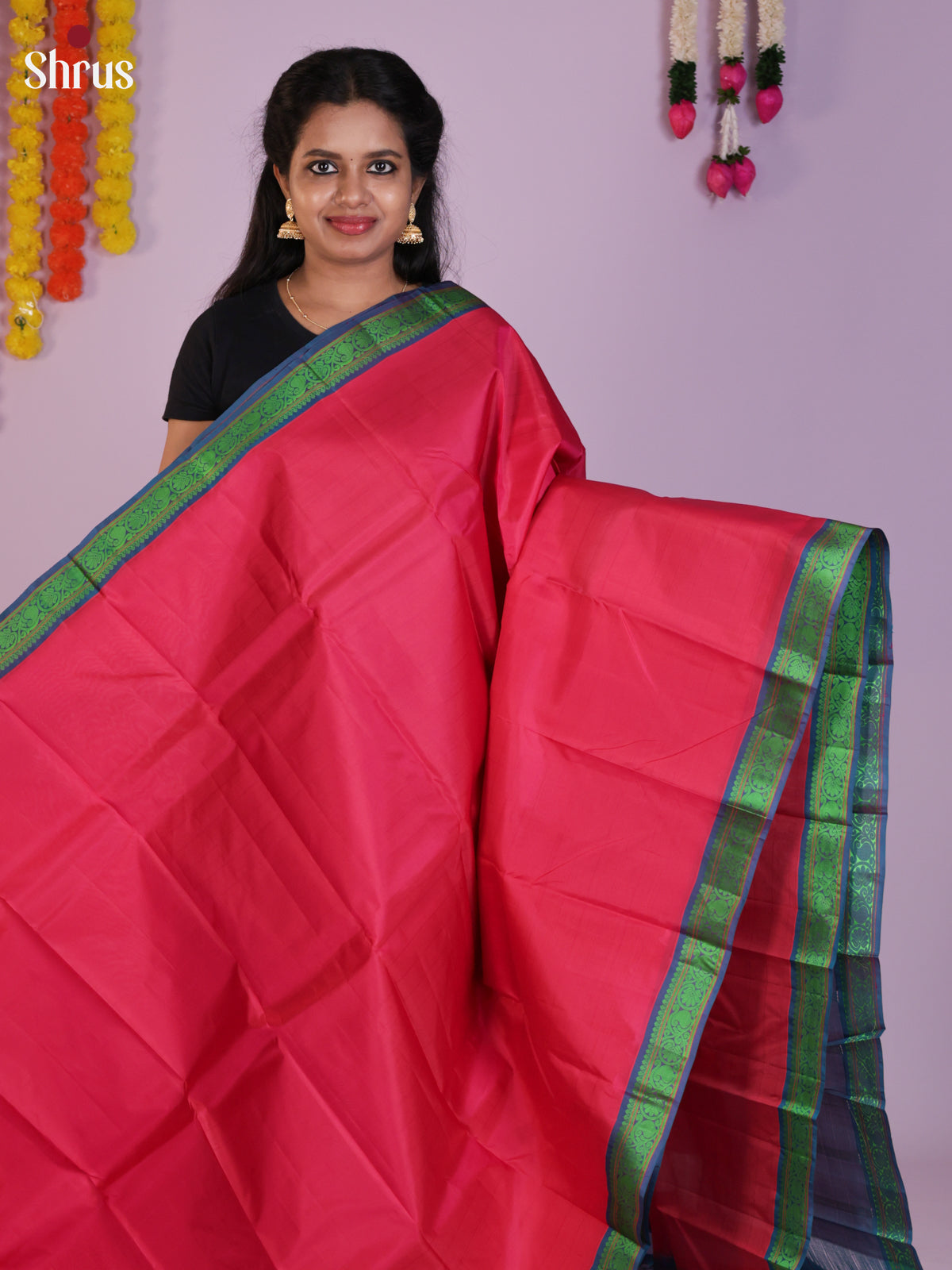 Buy Opulent Rose Pink Kanchipuram Saree With Metallic Green Border & Violet Pallu