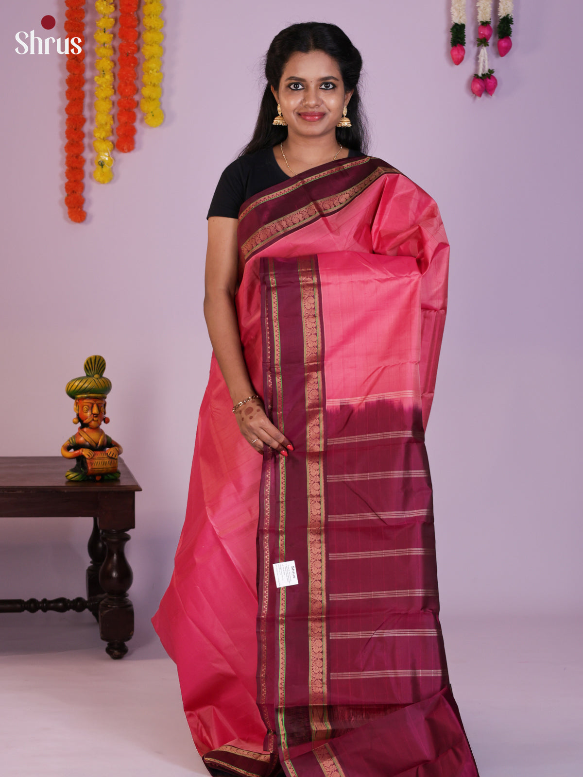 Buy Stunning Rose Pink Kanchipuram Silk Saree with Plain Body, Maroon Rettaipet Zari Border & Pallu