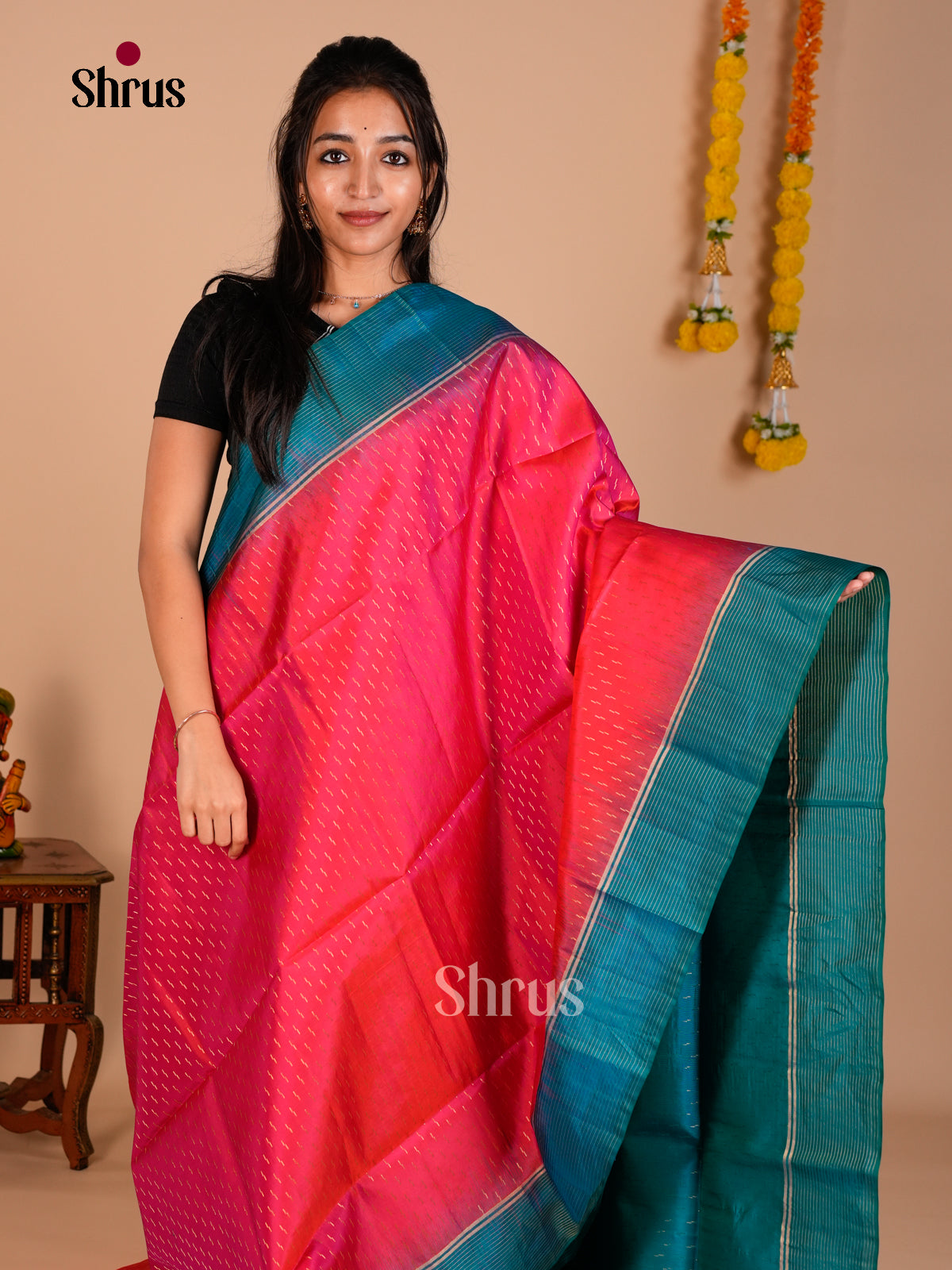 Buy Enchanting Rose Pink Pure Soft Silk Saree With Golden Dashes & Teal Zari Brocade Border