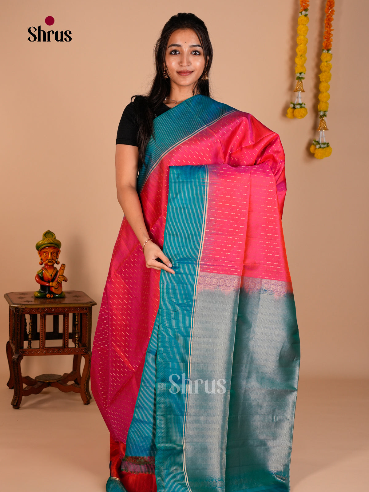 Buy Enchanting Rose Pink Soft Silk Saree With Golden Dashes & Teal Zari Brocade Border