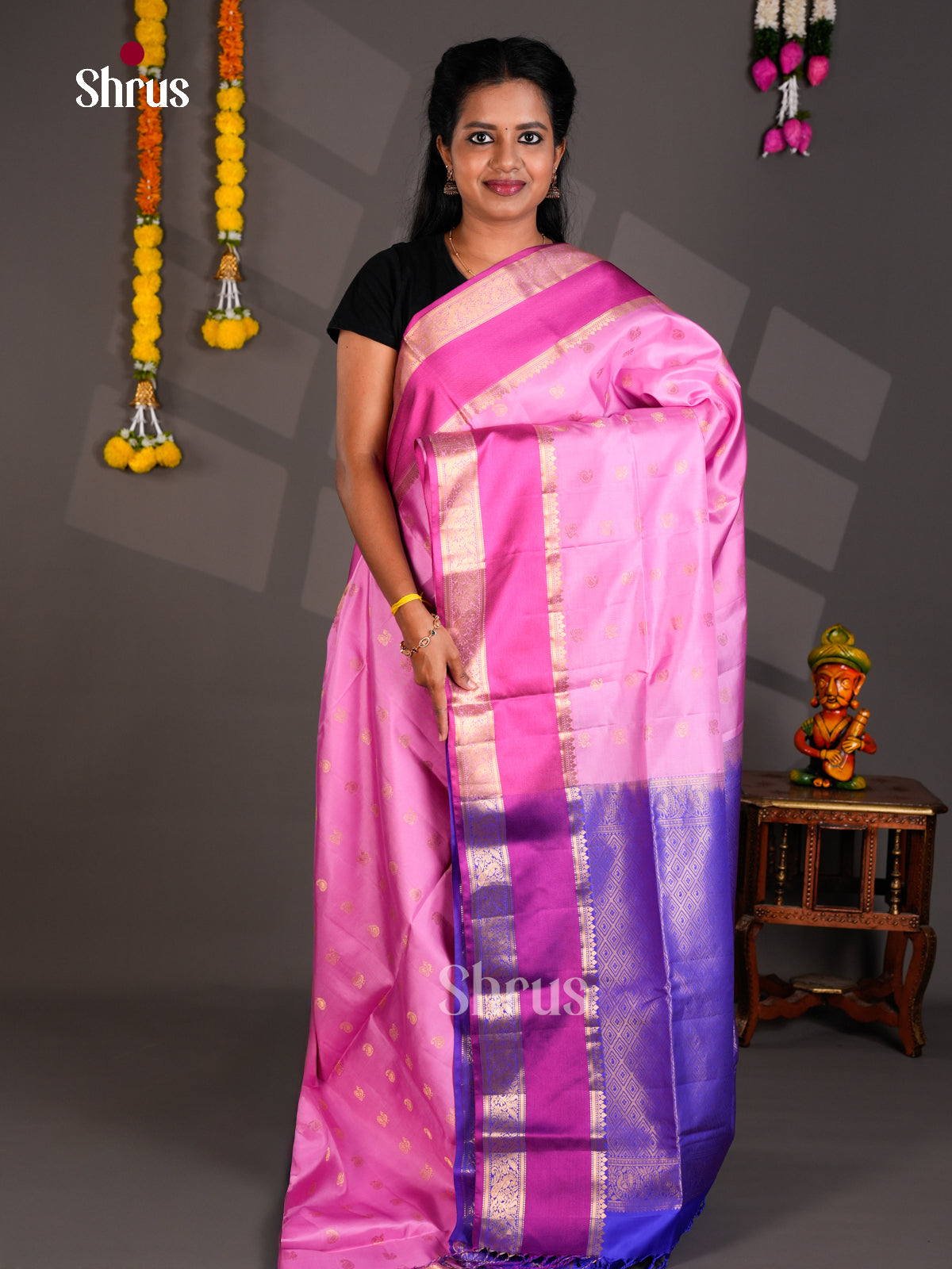 Buy Pretty Rose Pink Soft Silk Saree with Purple & Gold Rettapet Border And Violet Brocade Pallu