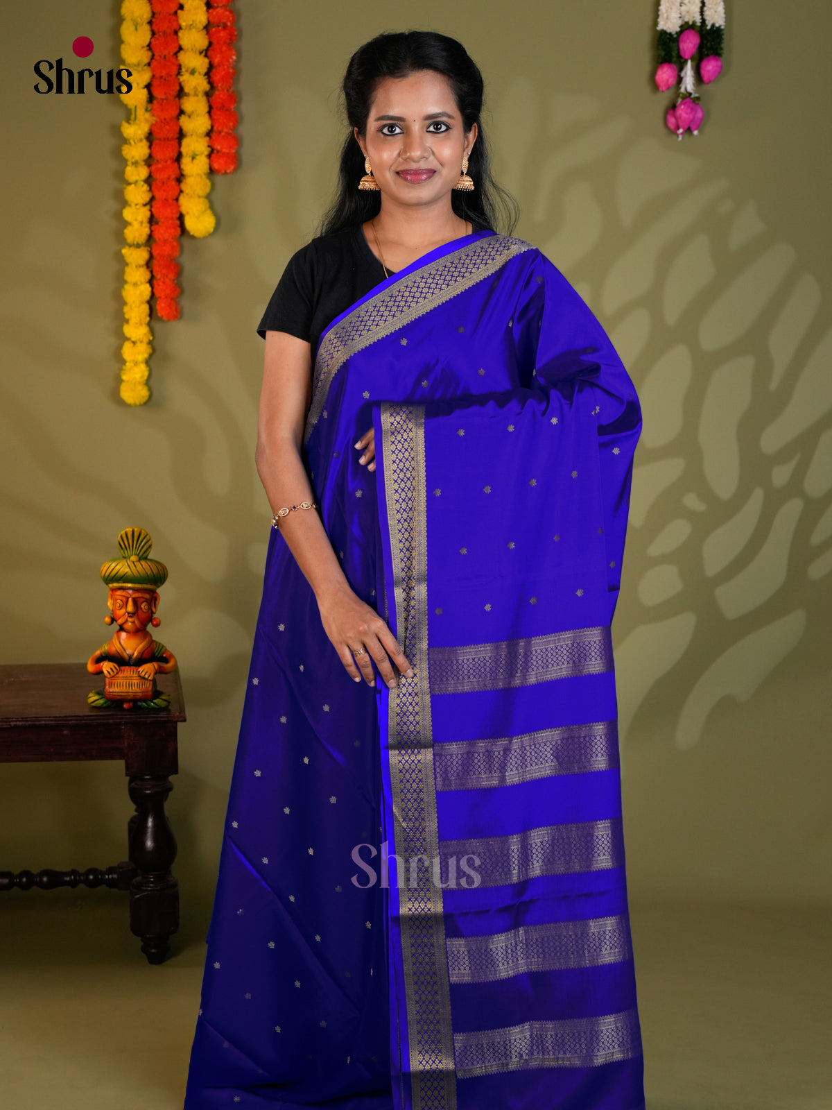 Buy Exquisite Royal Blue Mysore Silk Saree with Golden Buttas, Small Zari Border & Striped Pallu