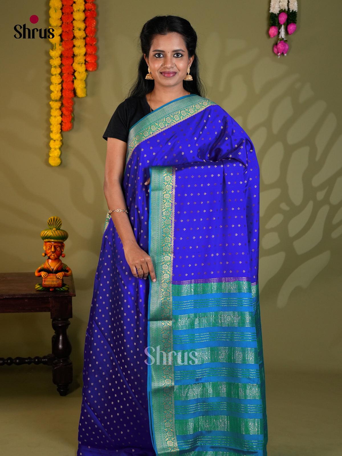 Buy Vibrant Royal Blue Mysore Silk Saree with Golden Buttas, Zari Woven Border & Teal Pallu