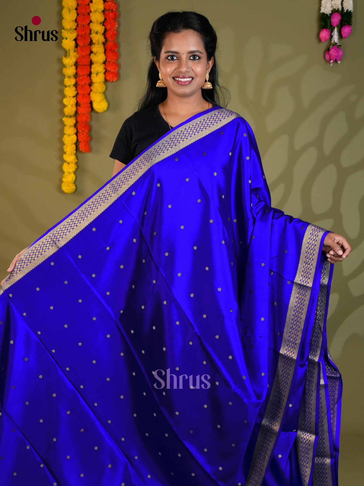 Buy Exquisite Royal Blue Mysore Silk Sarees with Golden Buttas, Small Zari Border & Striped Pallu