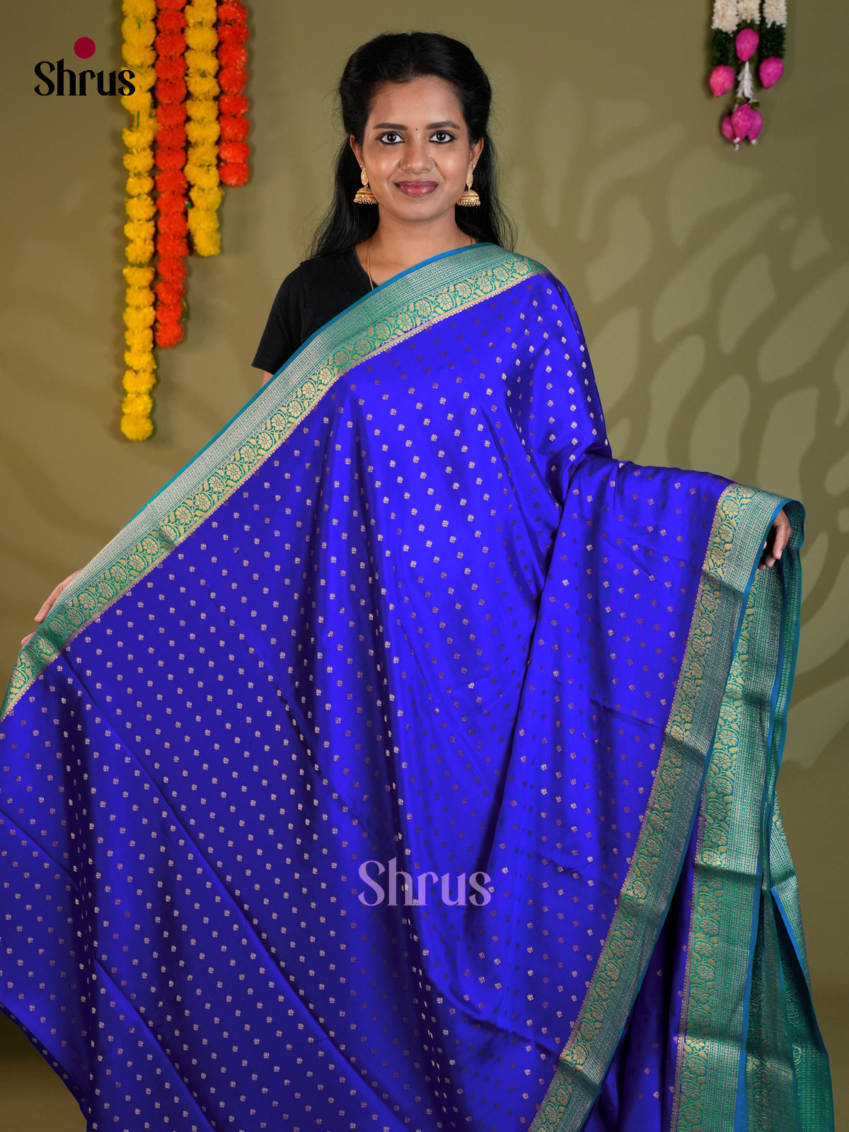 Buy Vibrant Royal Blue Mysore Silk Sarees with Golden Buttas, Zari Woven Border & Teal Pallu