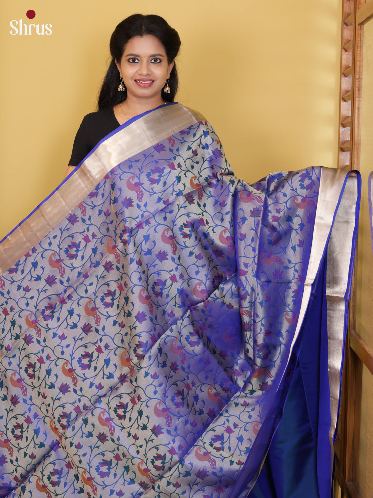 Buy Regal Royal Blue Pure soft Silk saree With Floral Vines woven Body & Silver Kaddi Zari Border