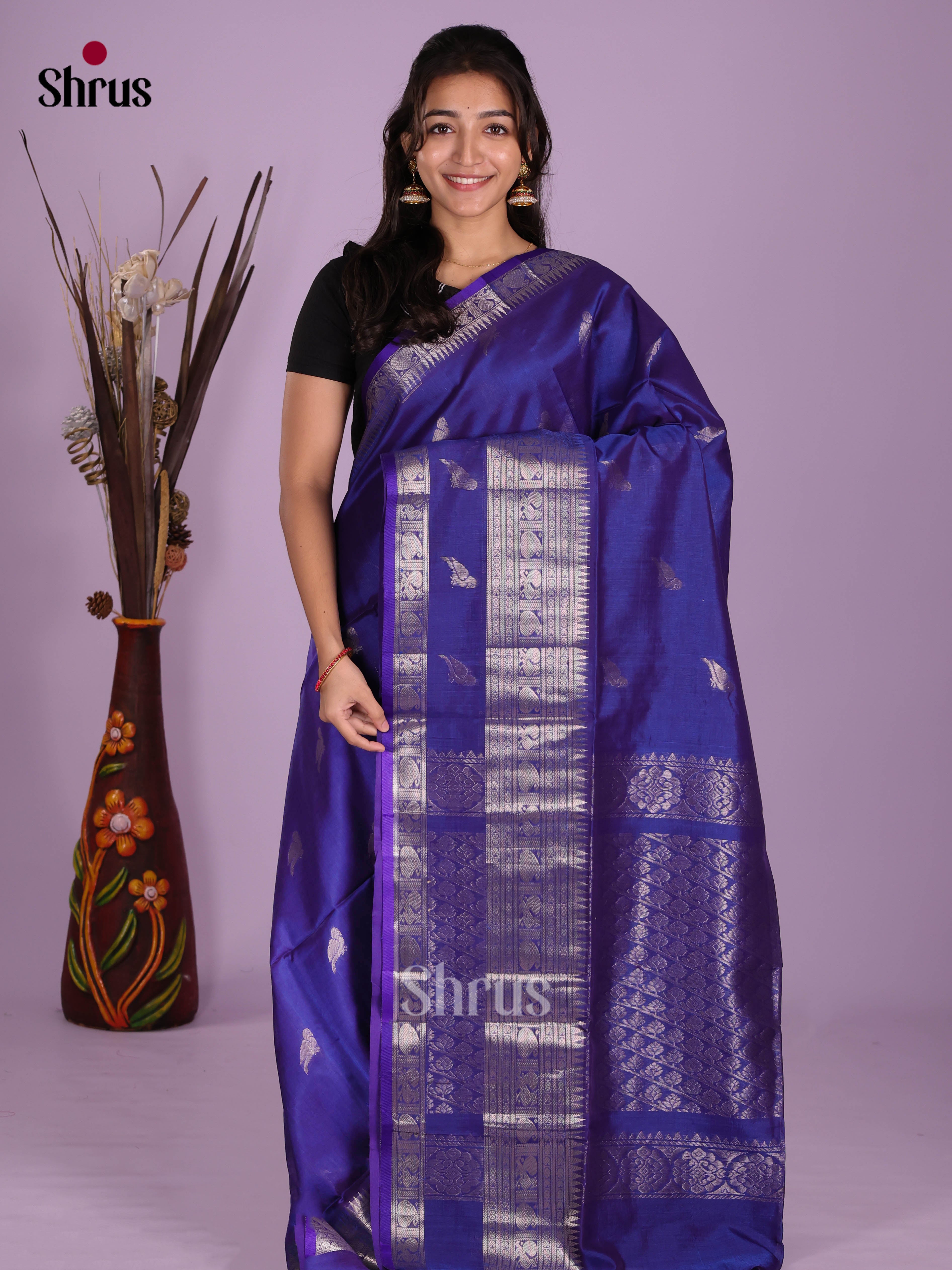 Buy Sheeny Royal Blue Silk Cotton Saree with Silver Bird Buttas, Rettaipet Border & Brocade Pallu