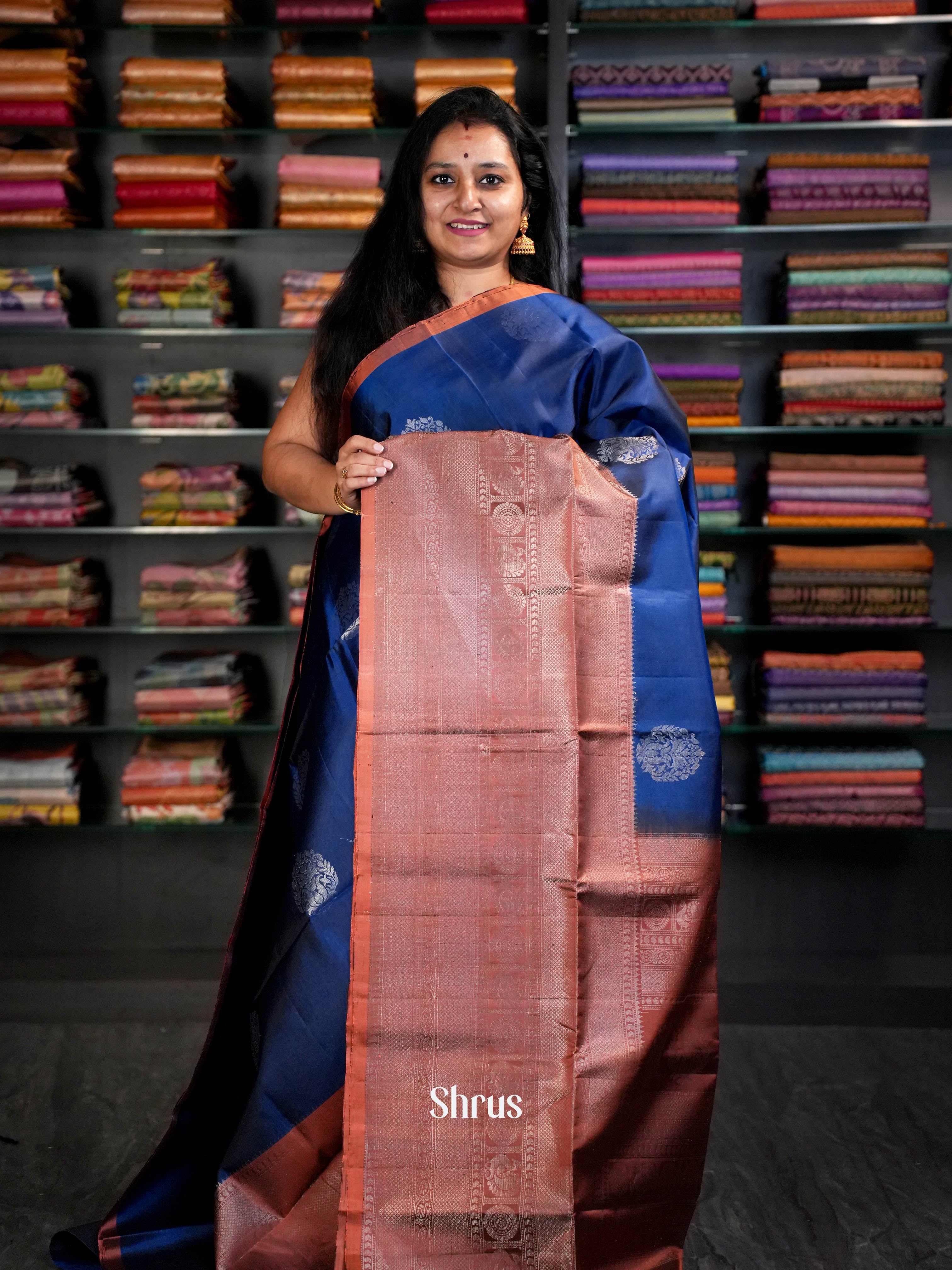 Chic Royal Blue Soft Silk Saree With Silver Floral Chakra Motifs, Copper Brocade Border & Pallu