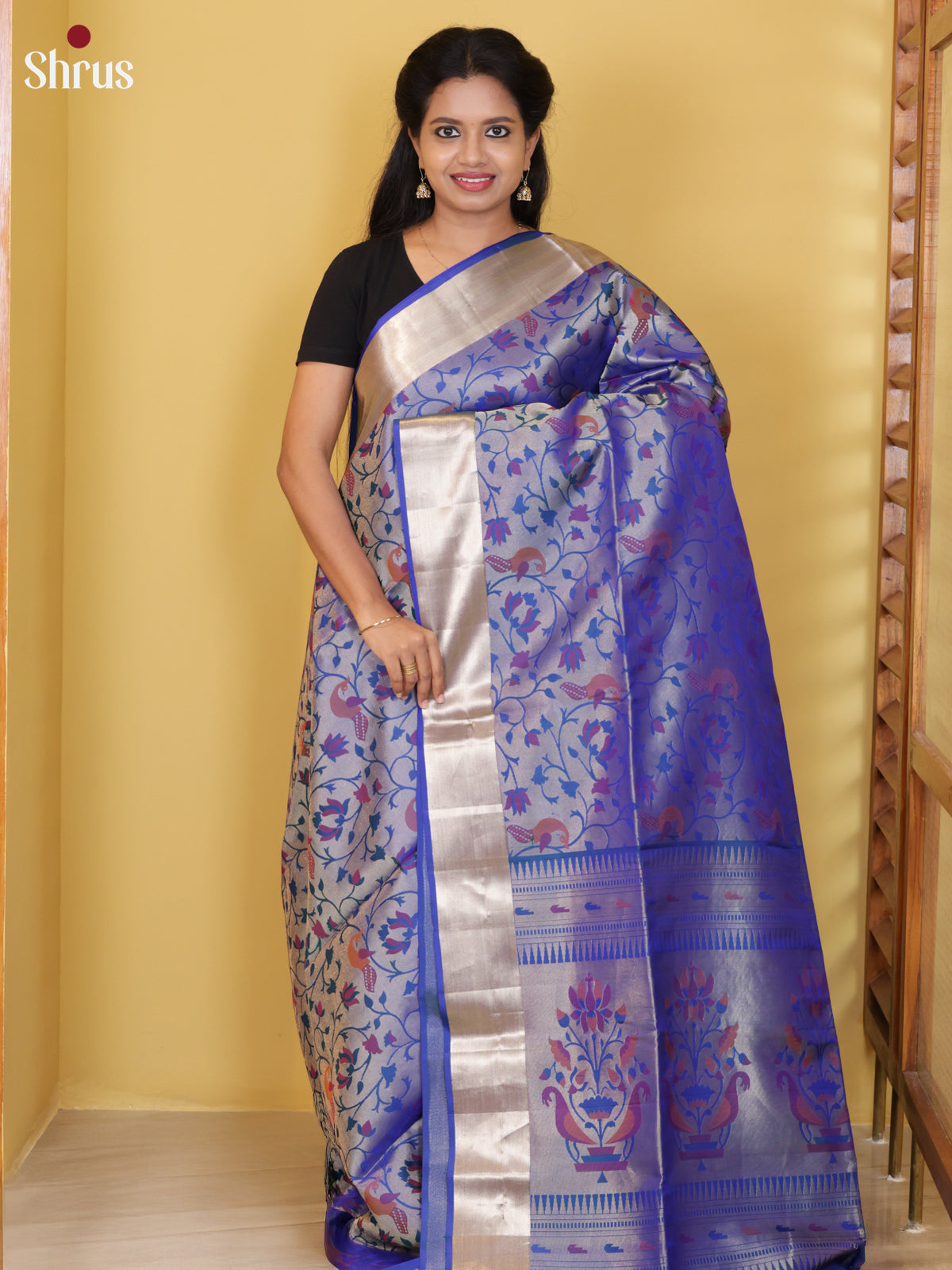 Buy Regal Royal Blue soft Silk saree With Floral Vines woven Body & Silver Kaddi Zari Border