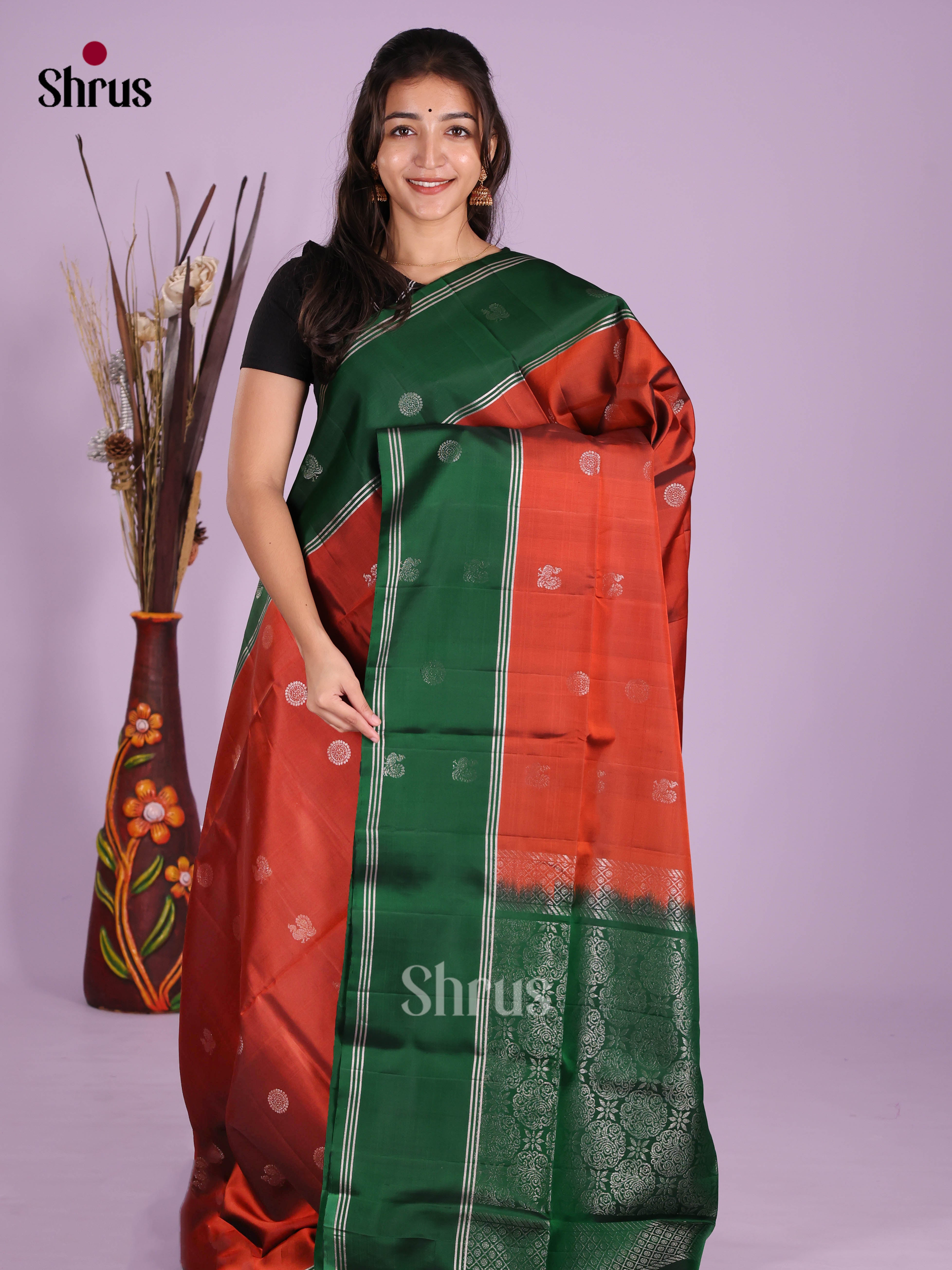 Buy Traditional Rust Orange Soft Silk Saree With Silver Peacock Buttas, Green Rettapet Border & Pallu