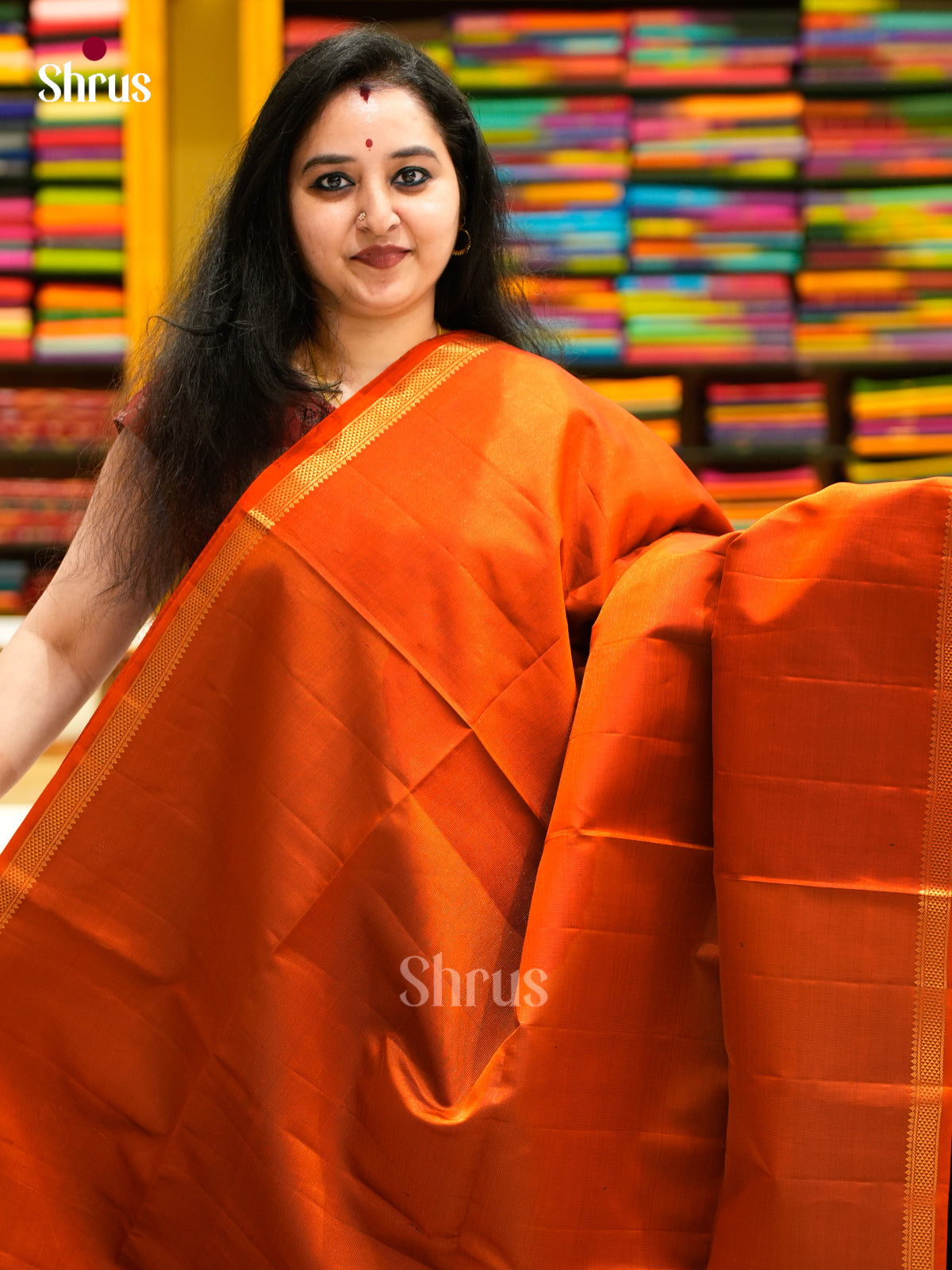 Buy Warm Rust Orange Soft Silk Sarees With Small Zari Border & Dark Brown Gold Striped Pallu