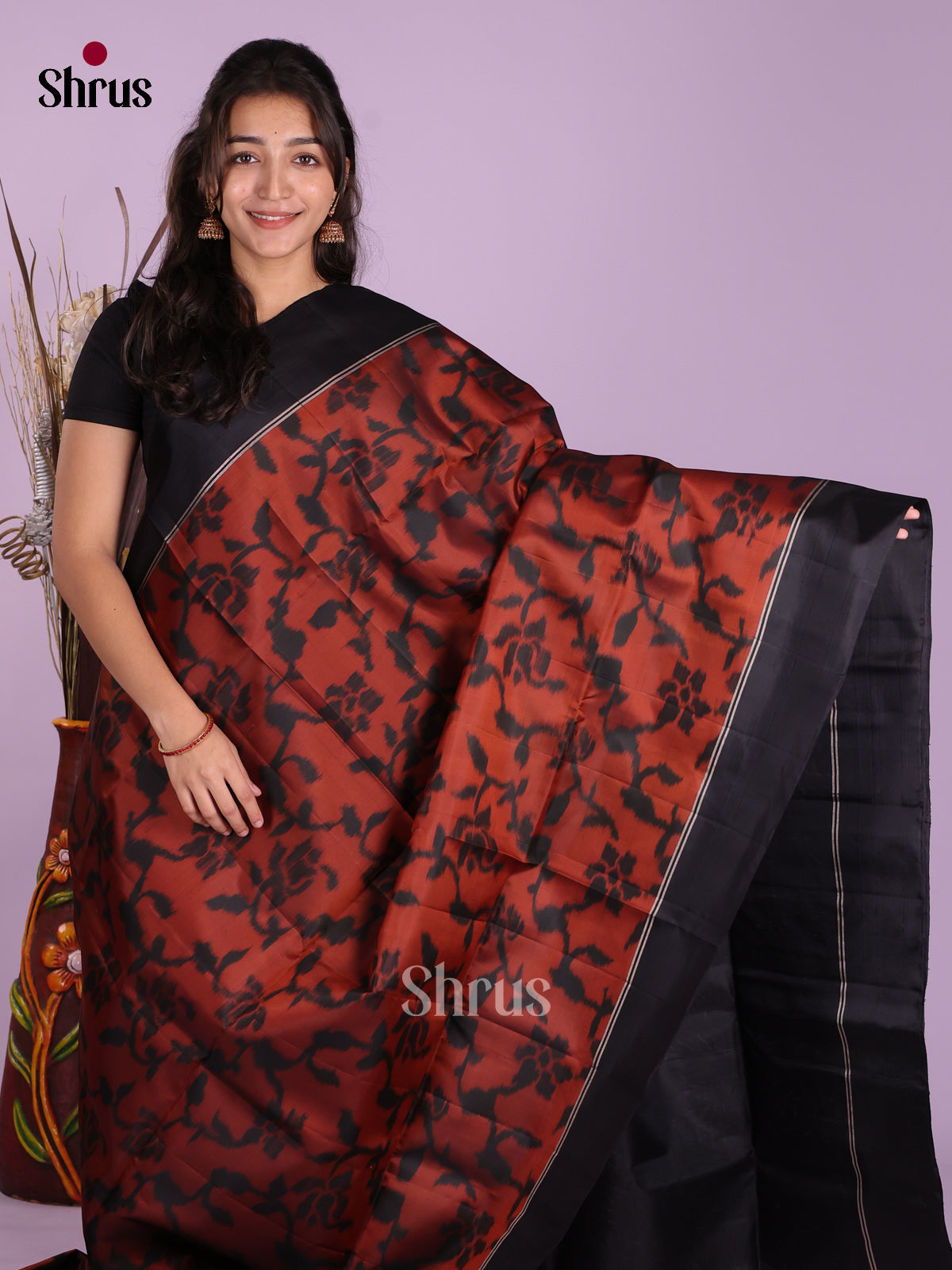 Buy Rust Toned Pure Soft Silk Saree With Floral Vines Pattern, Black Border & Pallu With Zari Annapakshi Motifs