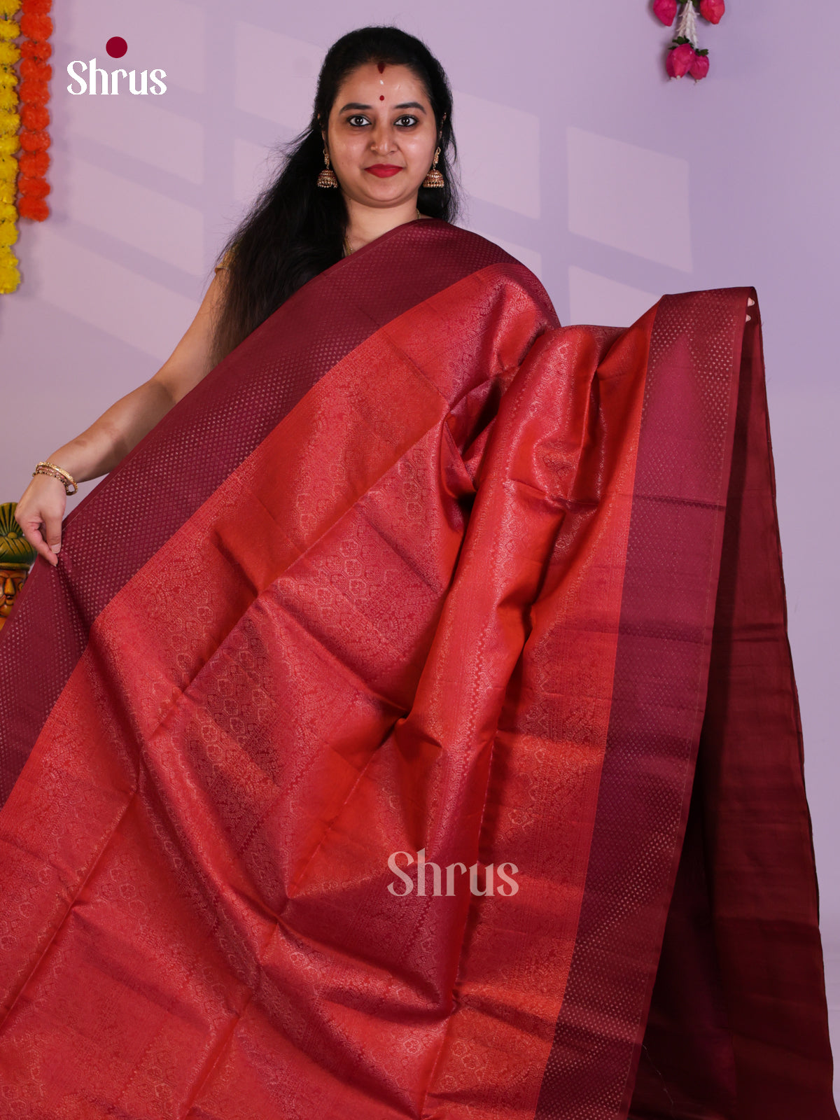 Buy Gleaming Rusty Orange Pure Soft Silk Saree with Floral Zari Brocade Body & Maroon Pallu