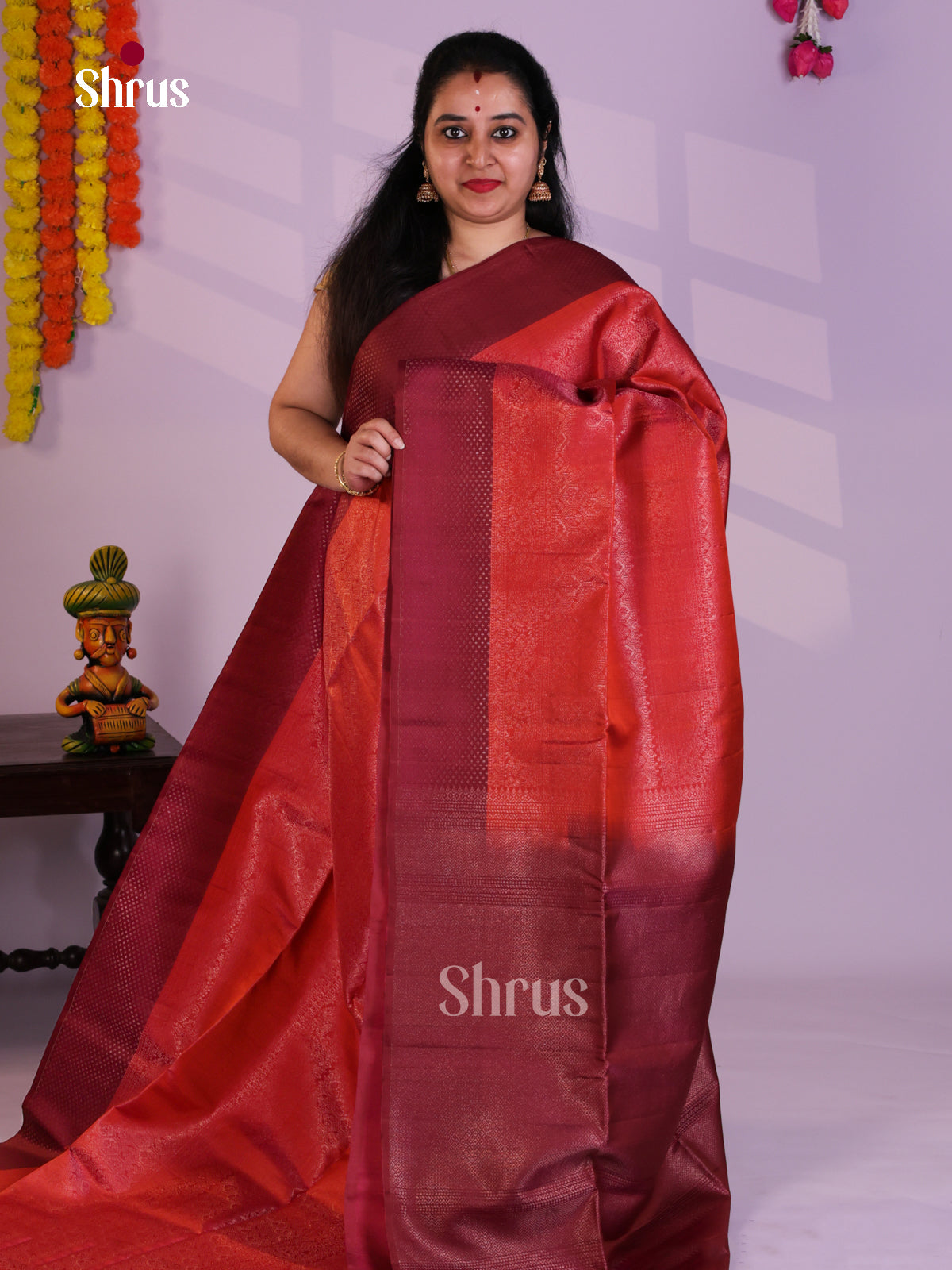 Buy Gleaming Rusty Orange Soft Silk Saree with Floral Zari Brocade Body & Maroon Pallu