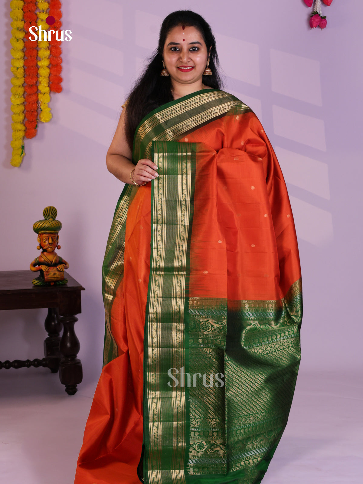 Buy Regal Rusty Orange Soft Silk Saree with Zari Buttas, Green Rettaipet Border & Brocade Pallu