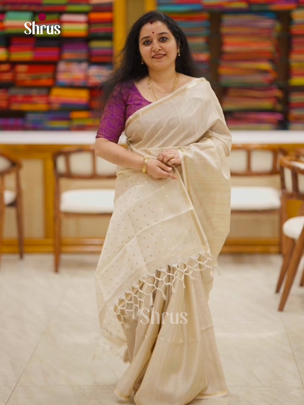 Cream - Semi Tussar Saree